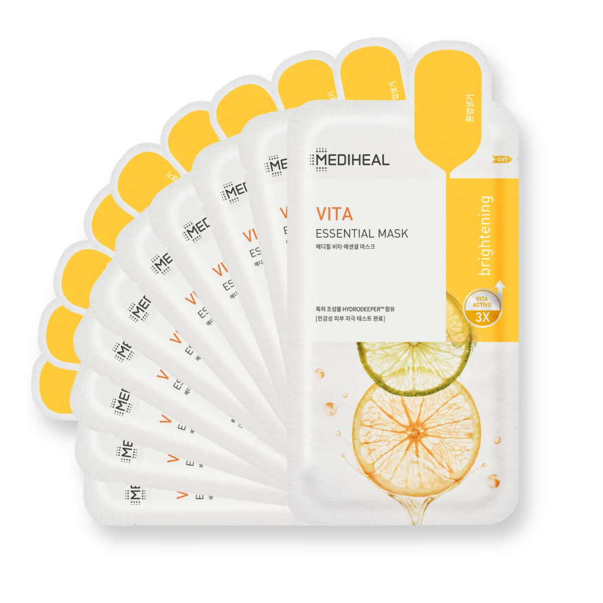 A fan arrangement of ten MEDIHEAL VITA ESSENTIAL MASK single-use packets, featuring a white and yellow design with citrus slice graphics on a clean white background.