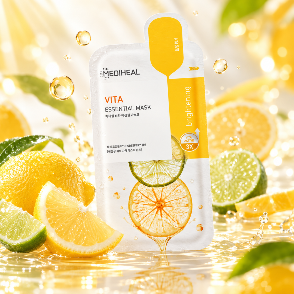 Mediheal Vita Essential Mask brightening pouch surrounded by fresh citrus slices, limes, and water droplets in a bright yellow and white color scheme.