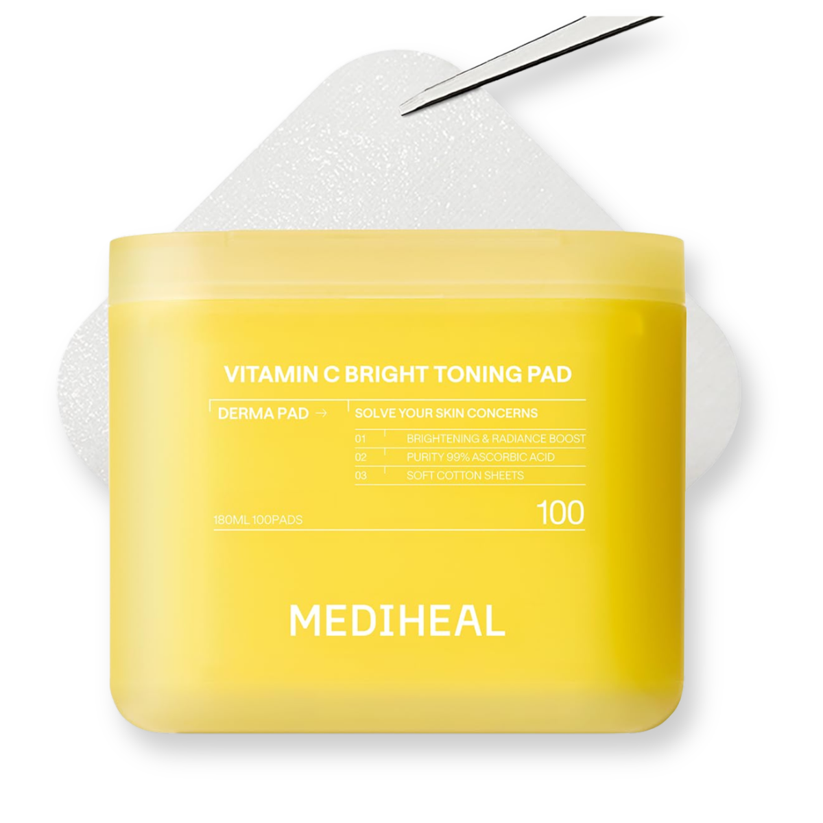 A yellow tub of MEDIHEAL Vitamin C Bright Toning Pad with a white sheet-like backing and a metal applicator tool behind it, on a clean white background.