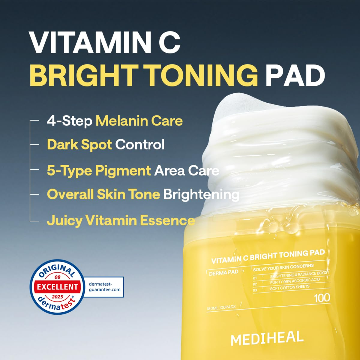 MEDIHEAL Vitamin C Bright Toning Pad with product details on a blue background