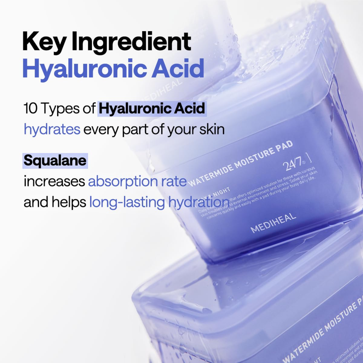 MEDIHEAL watermode moisture pad with text about hyaluronic acid and squalane on a white background