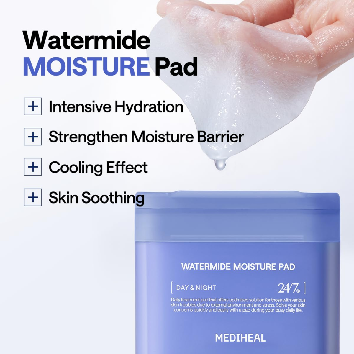 Watermide Moisture Pad packaging with a hand holding a pad, labeled for hydration and skin soothing.