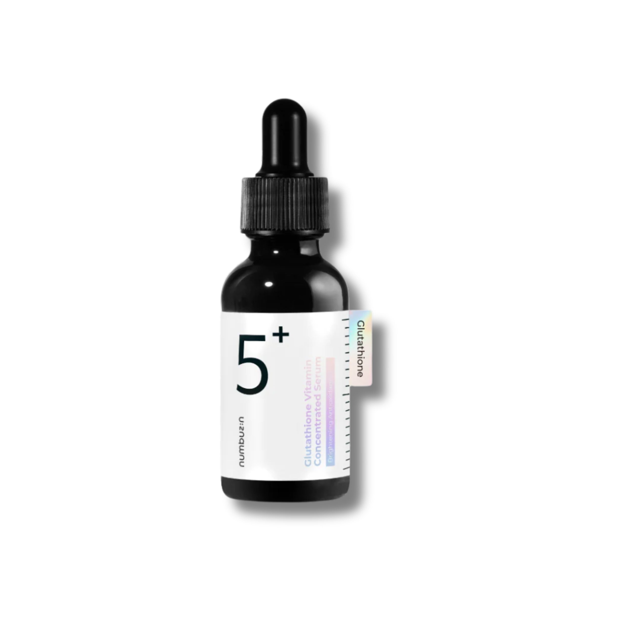 Black dropper bottle labeled '5+' on a white background