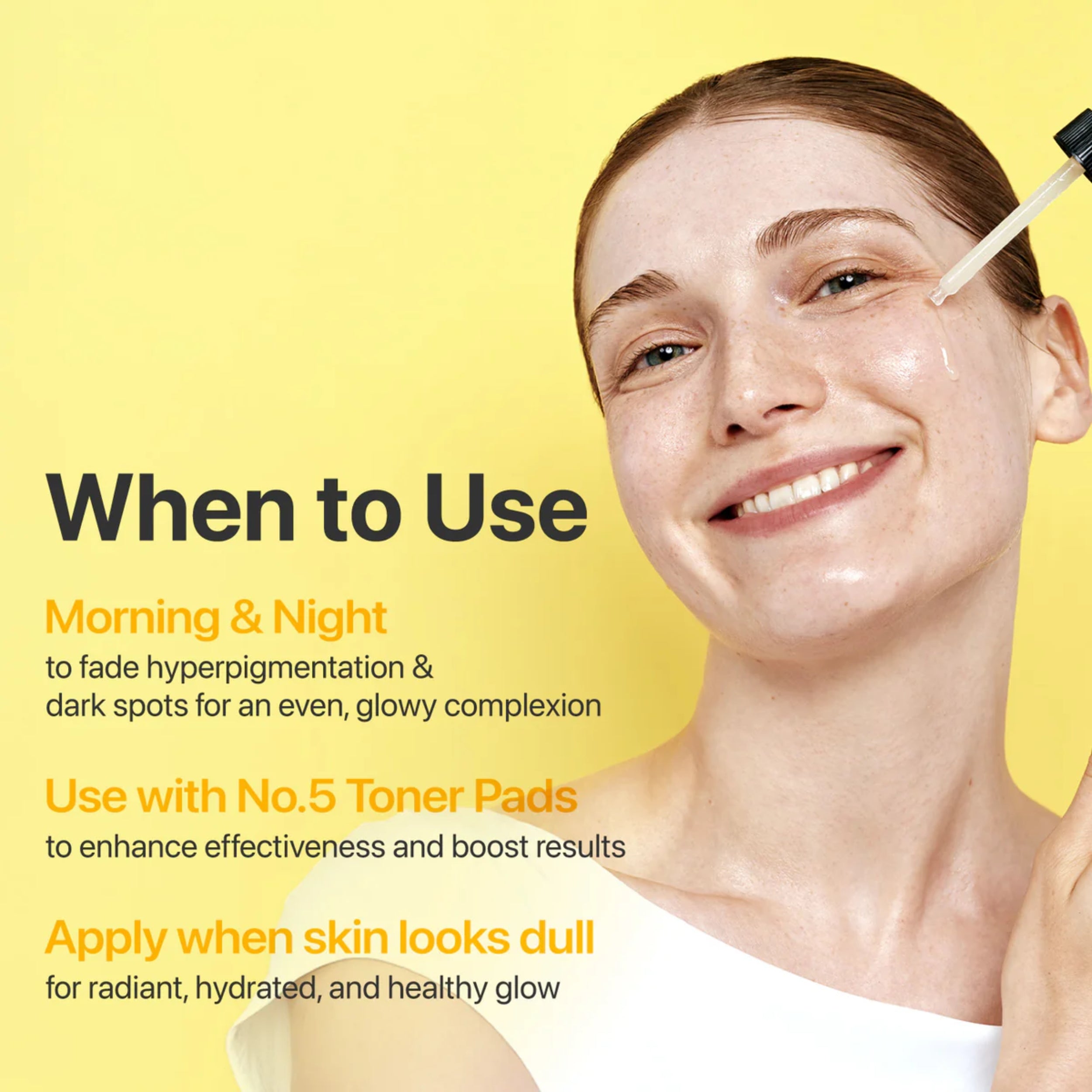 Woman applying skincare product with text on a yellow background