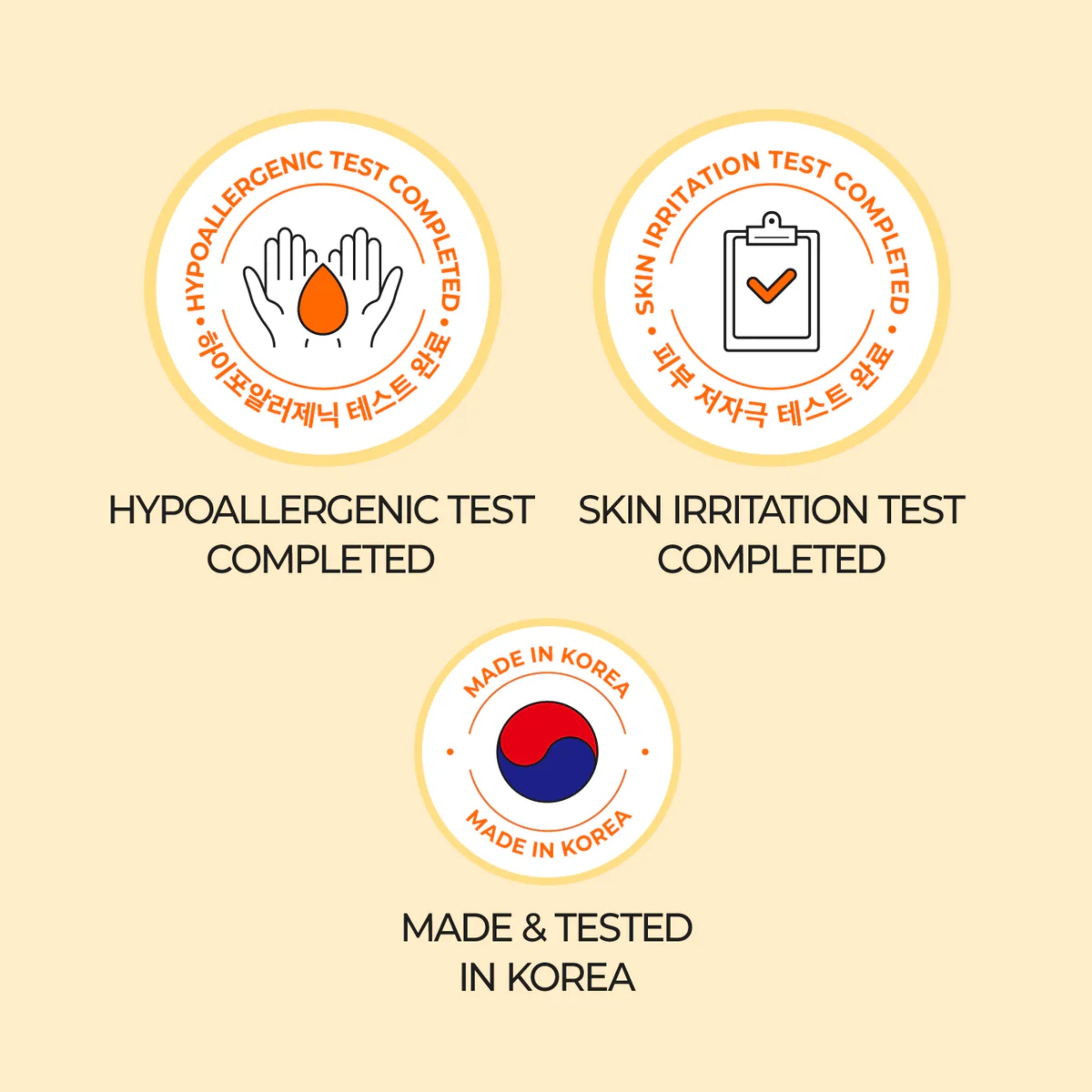 Certification badges for hypoallergenic test, skin irritation test, and 'Made in Korea' on a beige background.
