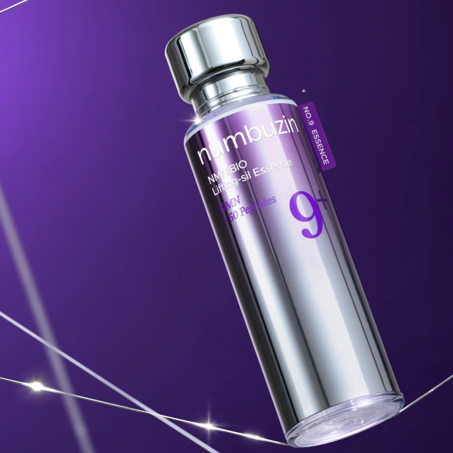 Silver bottle labeled 'numbuzin' on a purple background