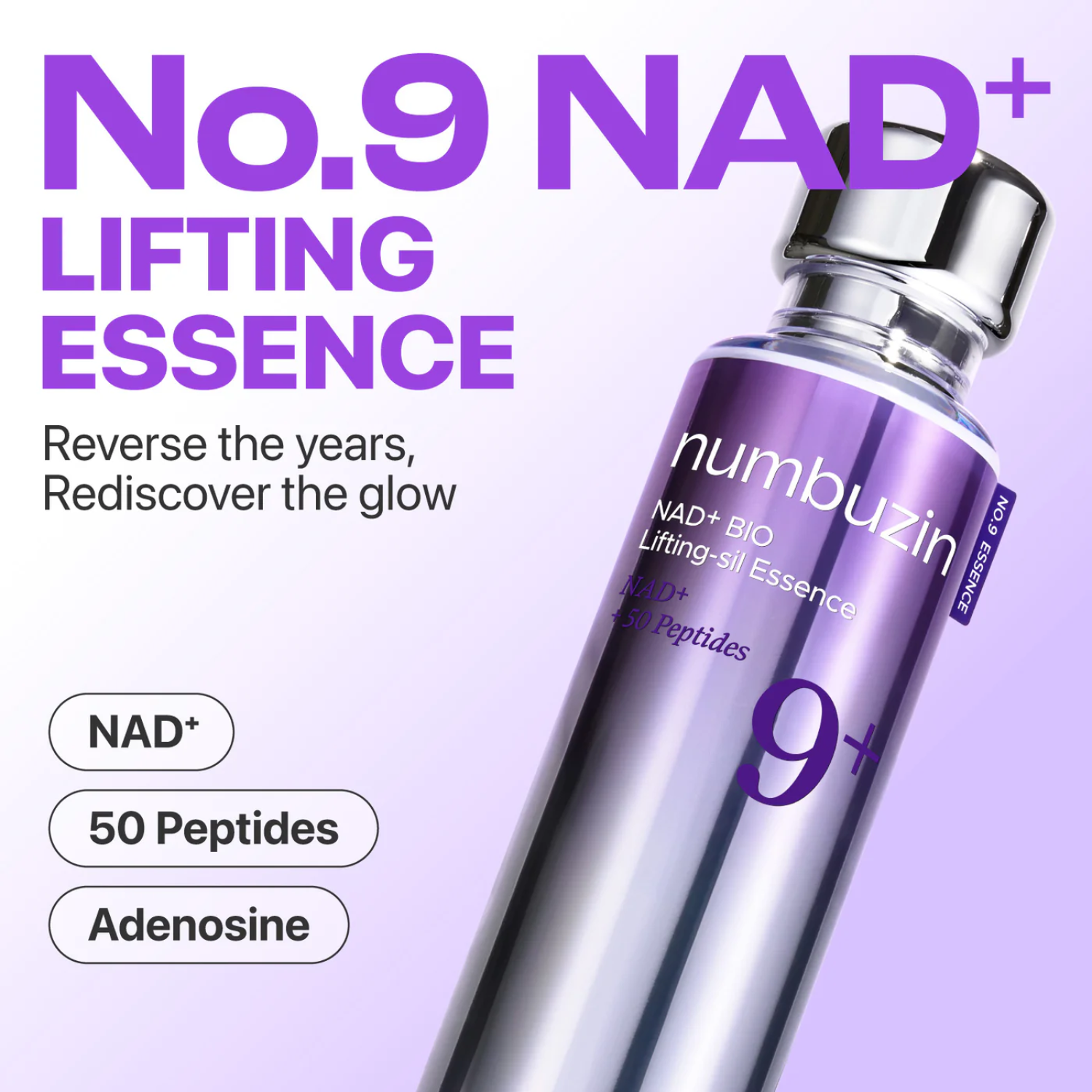 Purple bottle of Numbuzin No. 9 NAD+ Lifting Essence with text on a light purple background
