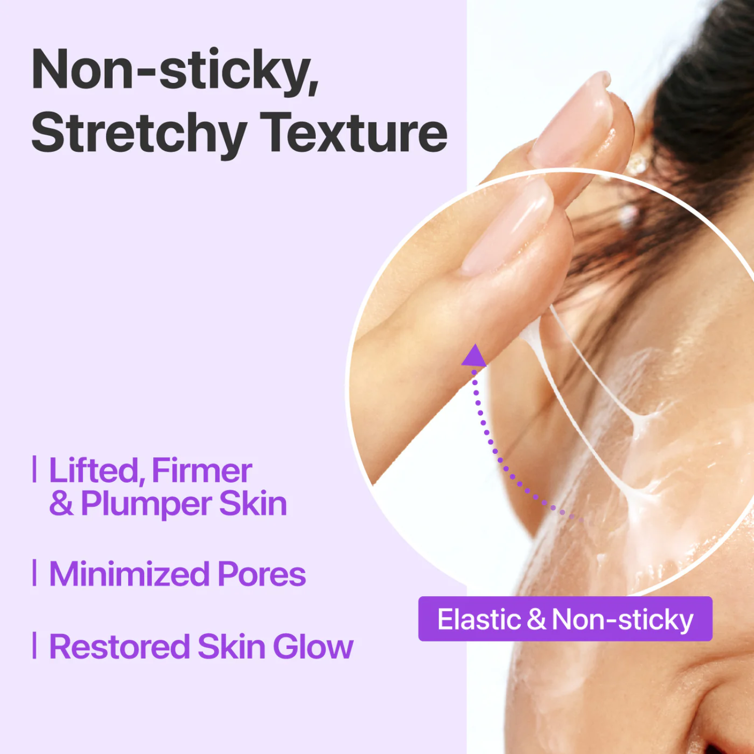 Advertisement for a skincare product with text about texture and skin benefits on a purple background.