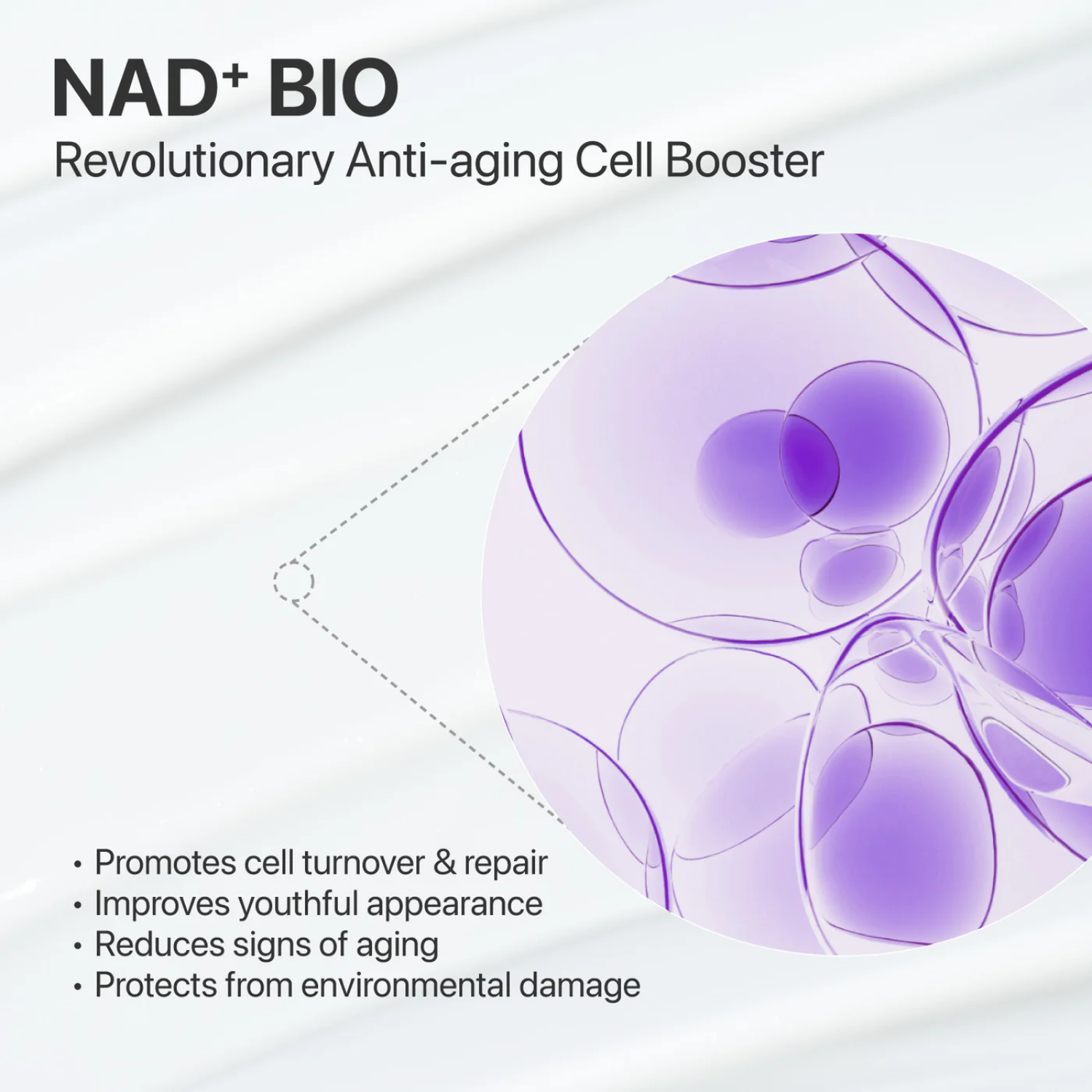 Advertisement for NAD+ BIO anti-aging product with abstract purple shapes on a light background