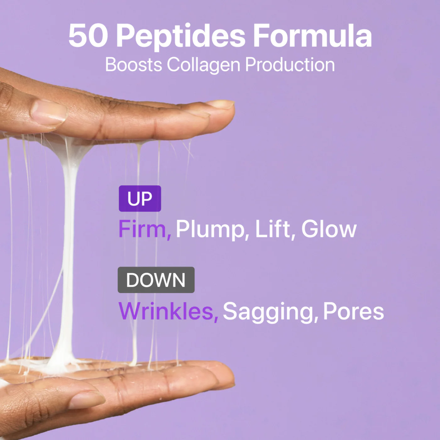 Hand demonstration of a skincare product with text about 50 Peptides Formula on a purple background.