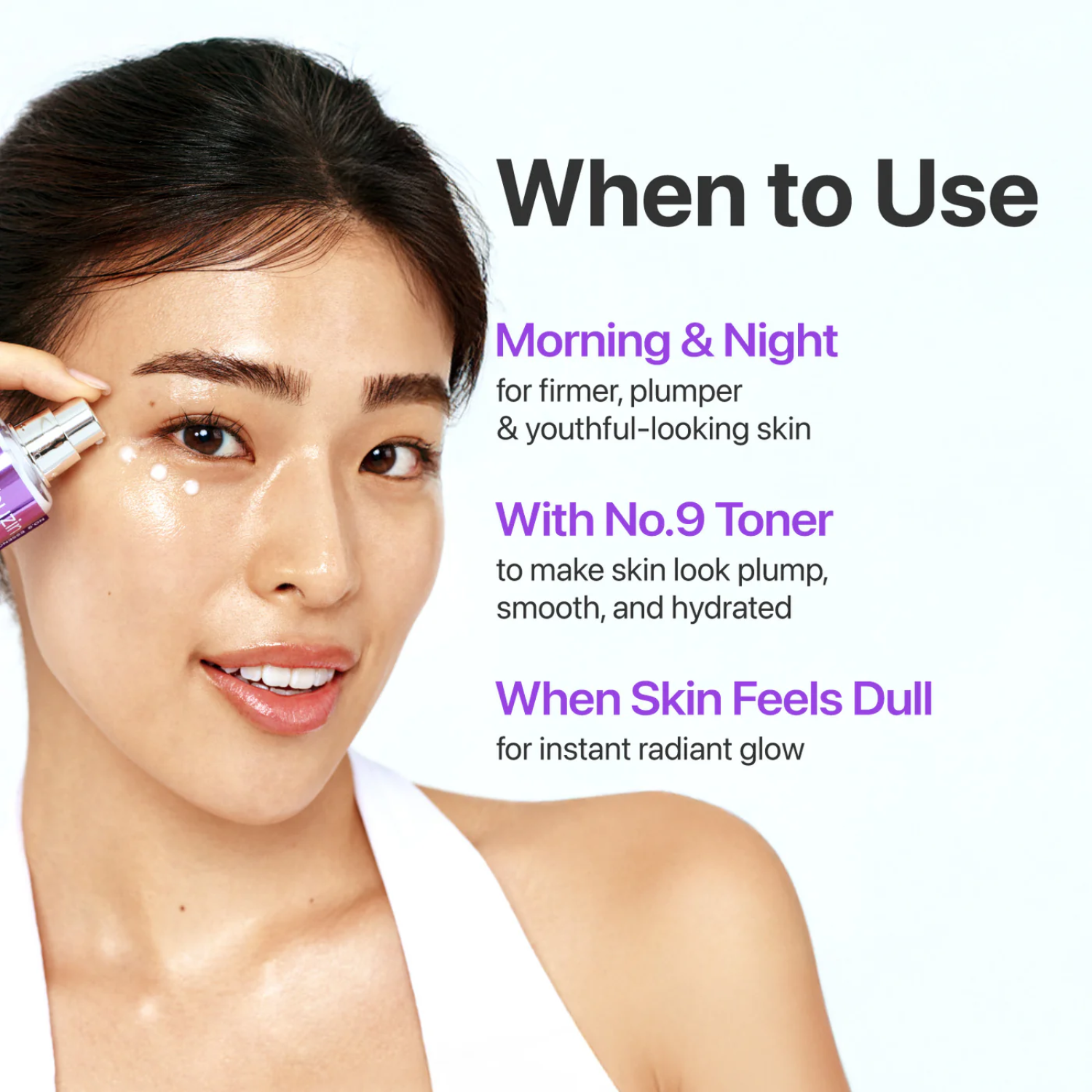 Woman applying toner with text on how to use No.9 Toner for skin care.