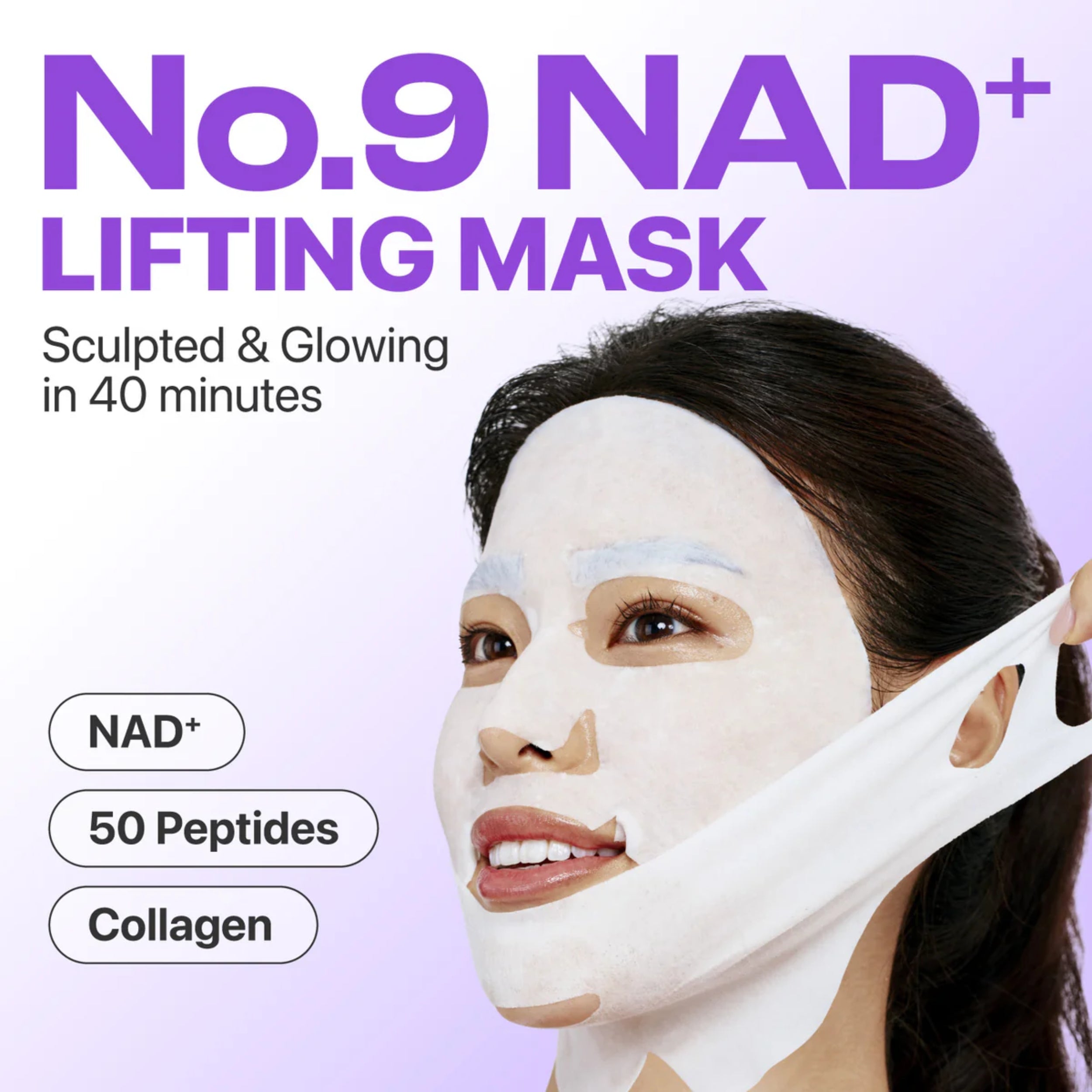 Woman wearing a No.9 NAD+ lifting mask with product details on a purple background