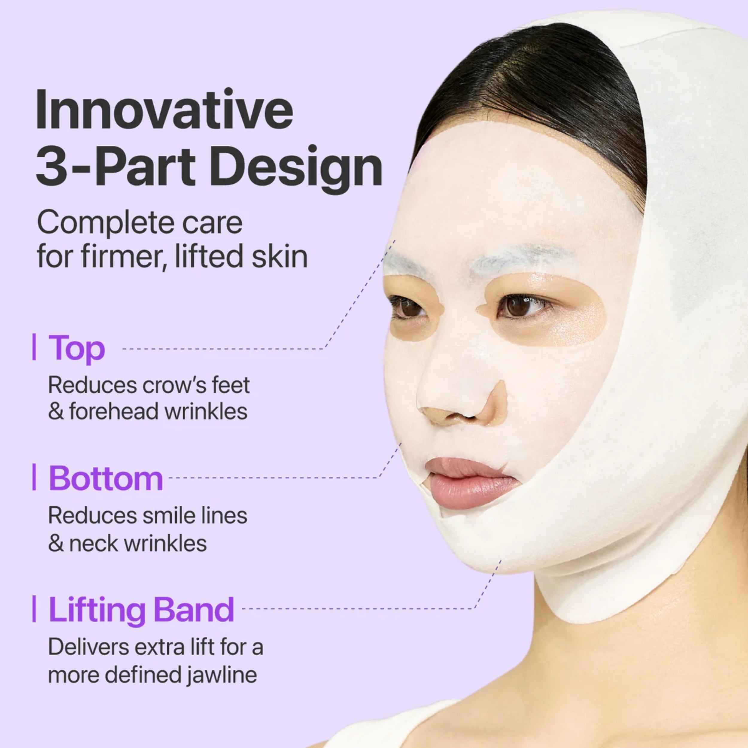 Woman wearing a face mask with text on an innovative design for skin care.
