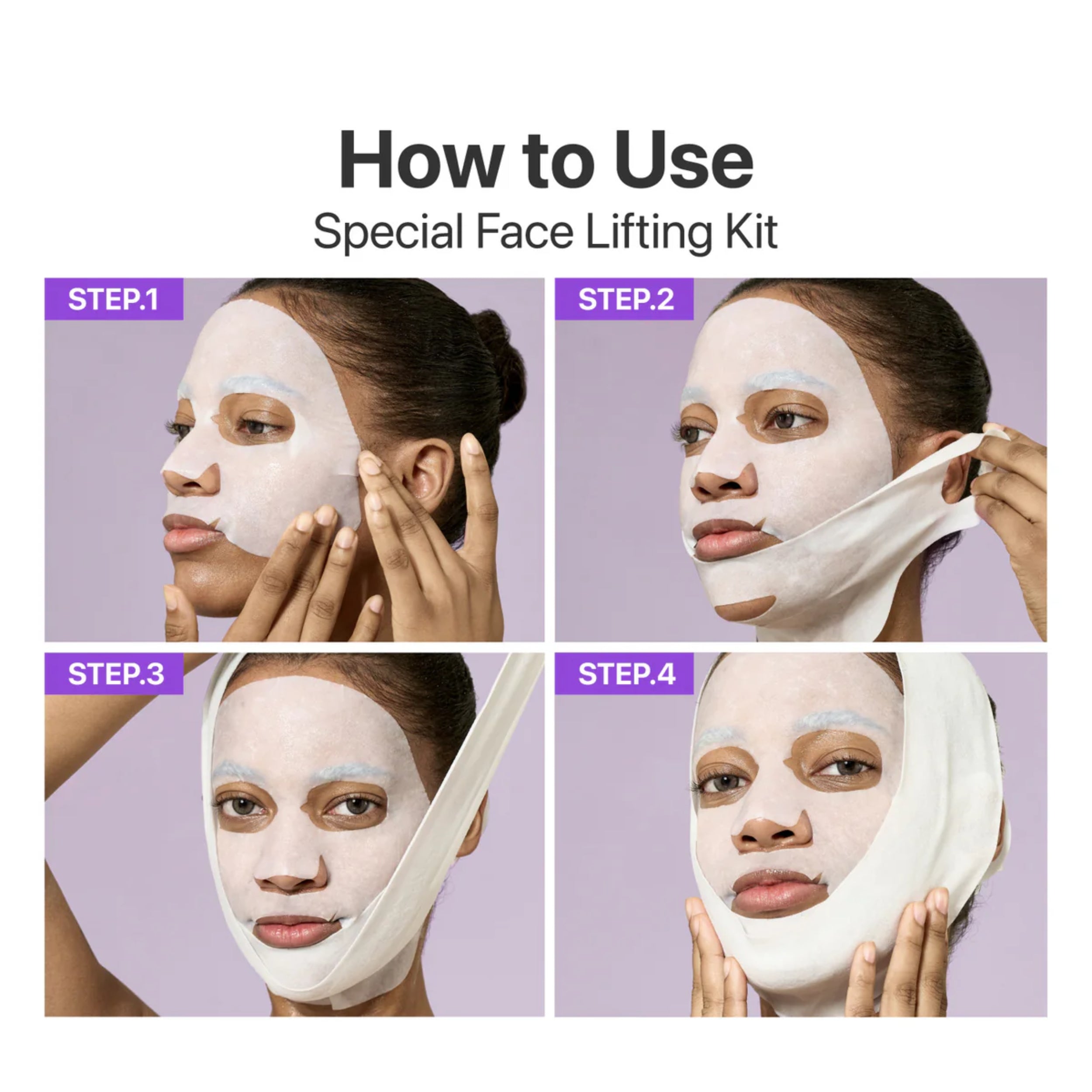 Step-by-step guide on how to use a special face lifting kit with a woman applying the product.