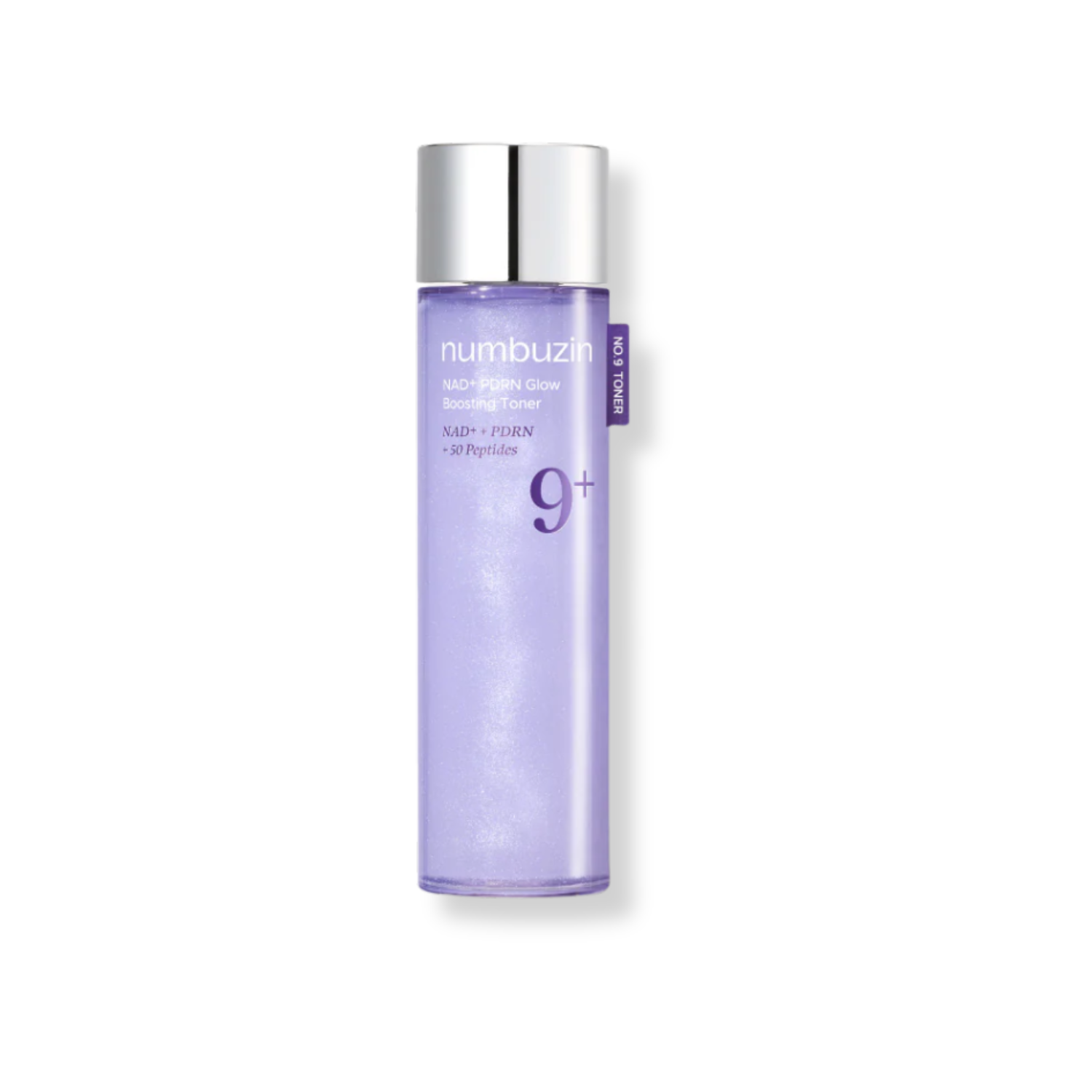 A purple color bottle of 'numbuzin' NAD+ PDRN Glow Boosting Toner on a white background