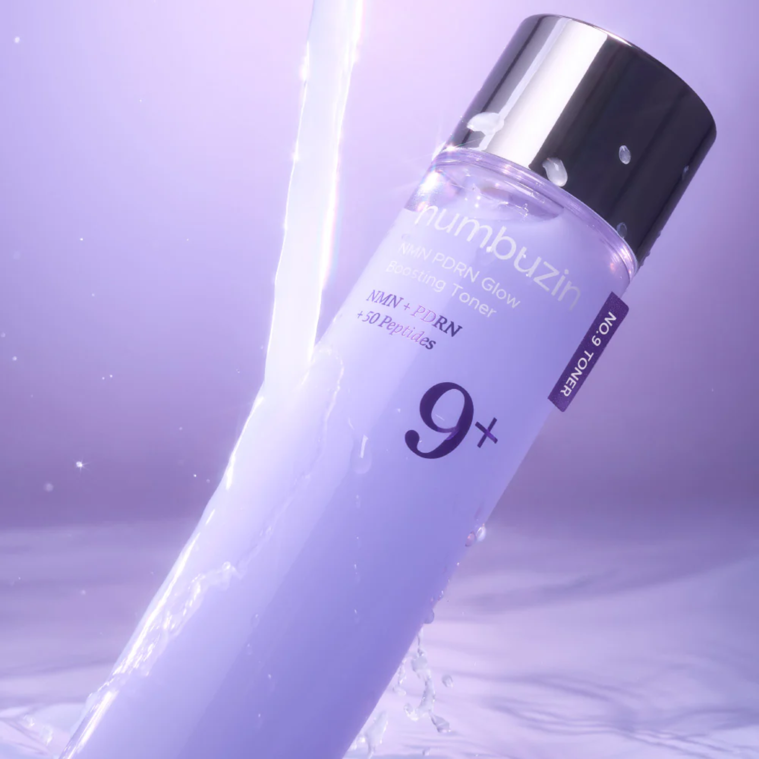 A bottle of numbuzin PDRN toner on a purple background