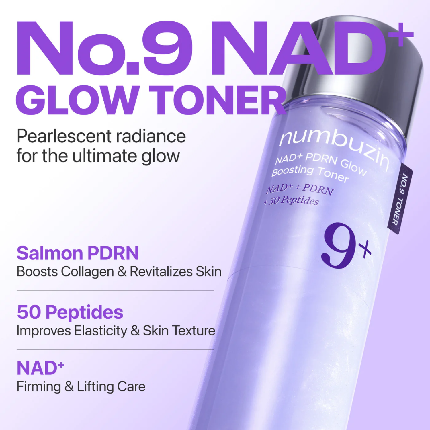 Numbuzin No.9 NAD+ Glow Toner bottle with product details on a light purple background