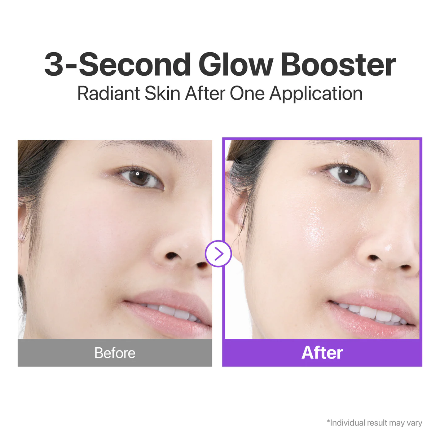 A before and after images of using 3 second glow booster showing radiant skin after one application of numbuzin