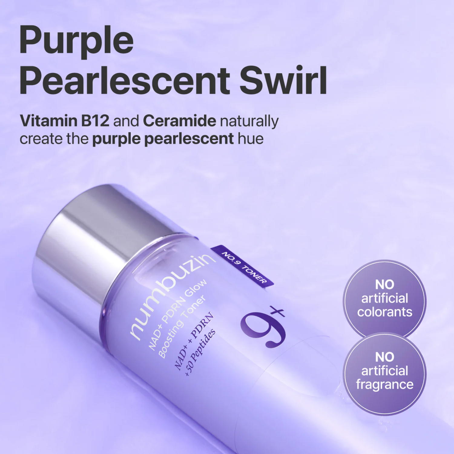 A bottle of numbuzin NAD+ PDRN glow boosting toner and the explanation of the ingredients 'vitamin B12' and 'ceramide' on a purple backgorund