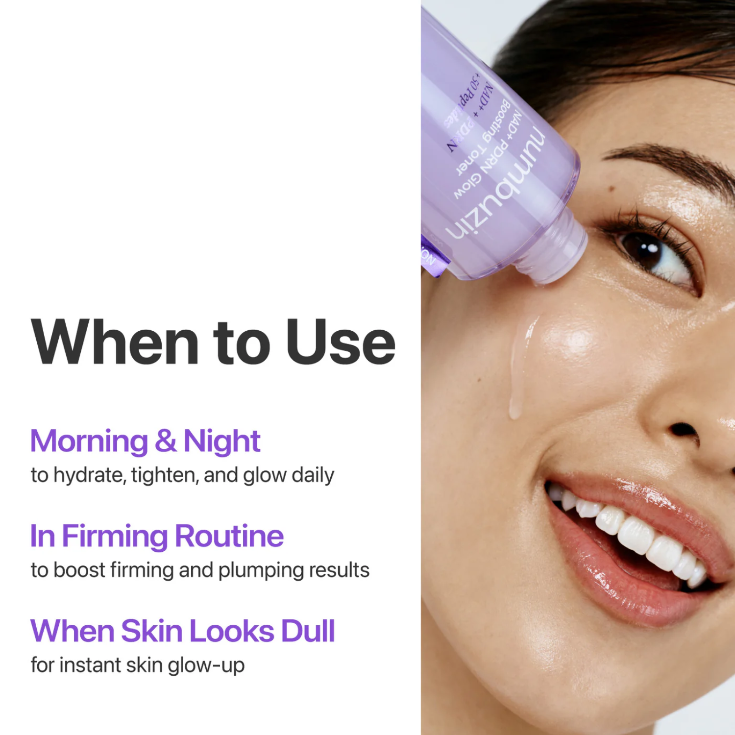 Woman applying skincare product with text on usage