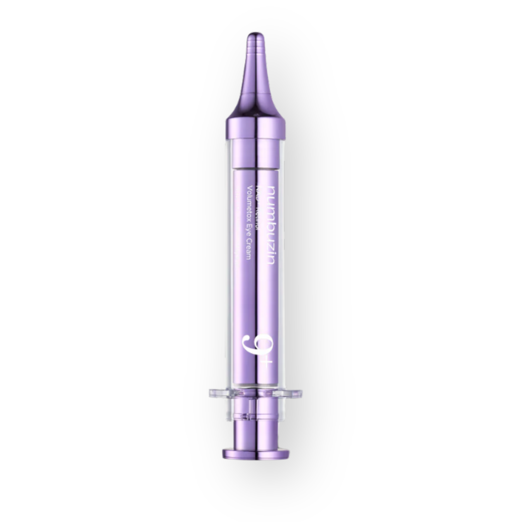 A single cylindrical cosmetic applicator or pump tube in metallic lavender-purple, shown upright on a clean white background. The tube has printed white text including the brand name 'Numbuzin' and a large white numeral '9'+.