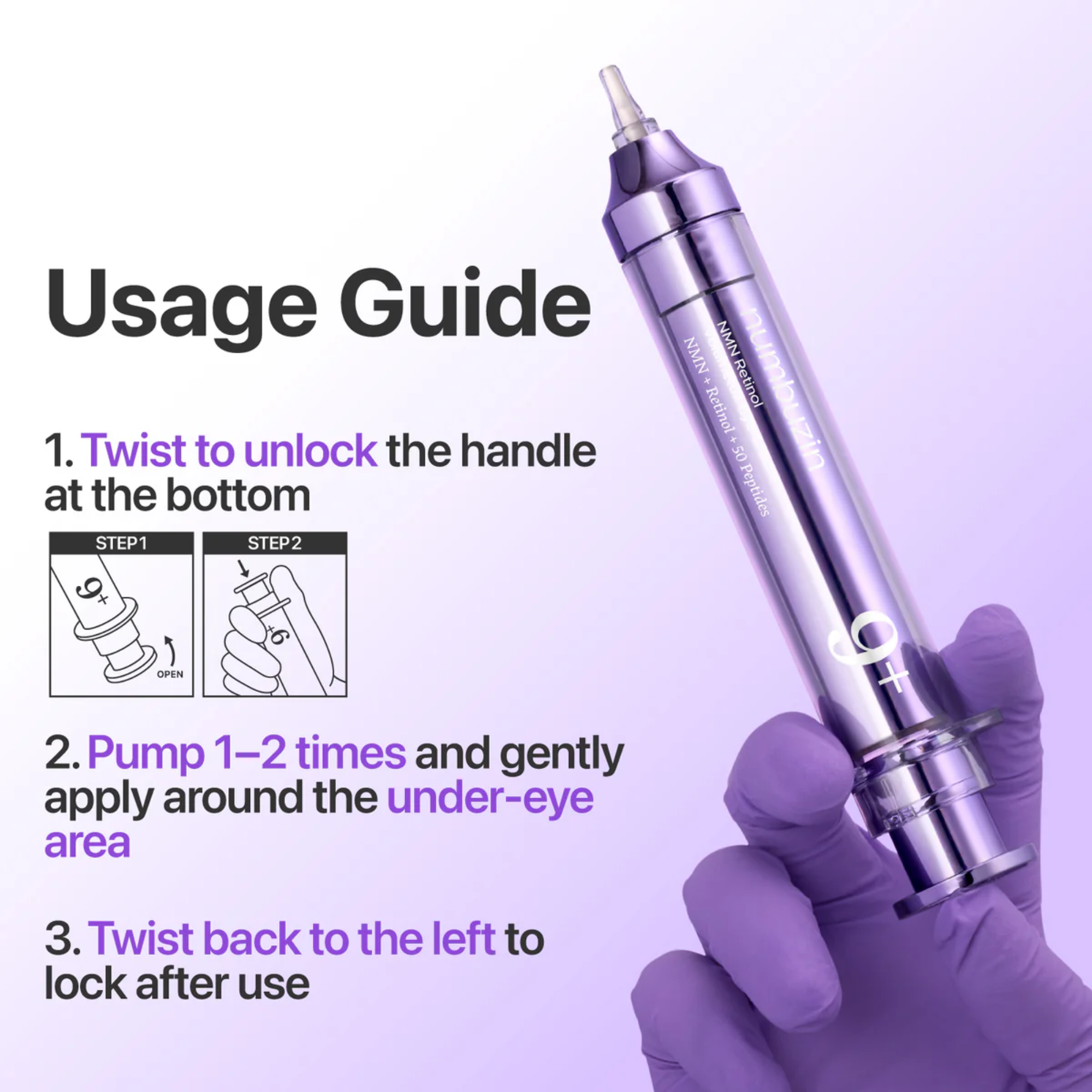 Purple cosmetic tool with usage guide on a purple background