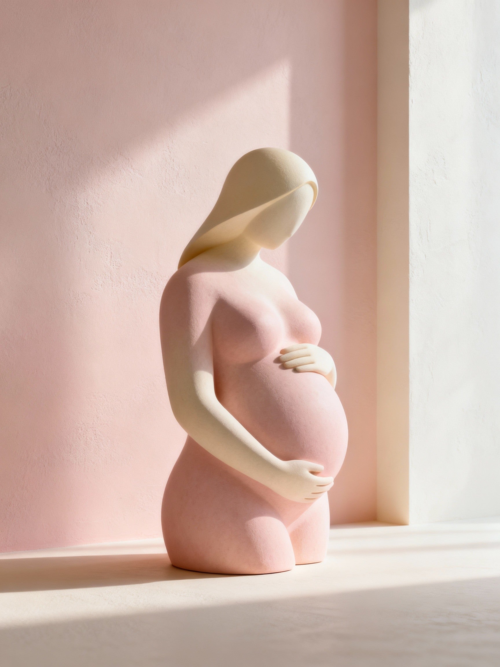 Statue of a pregnant woman against a pink wall with soft lighting