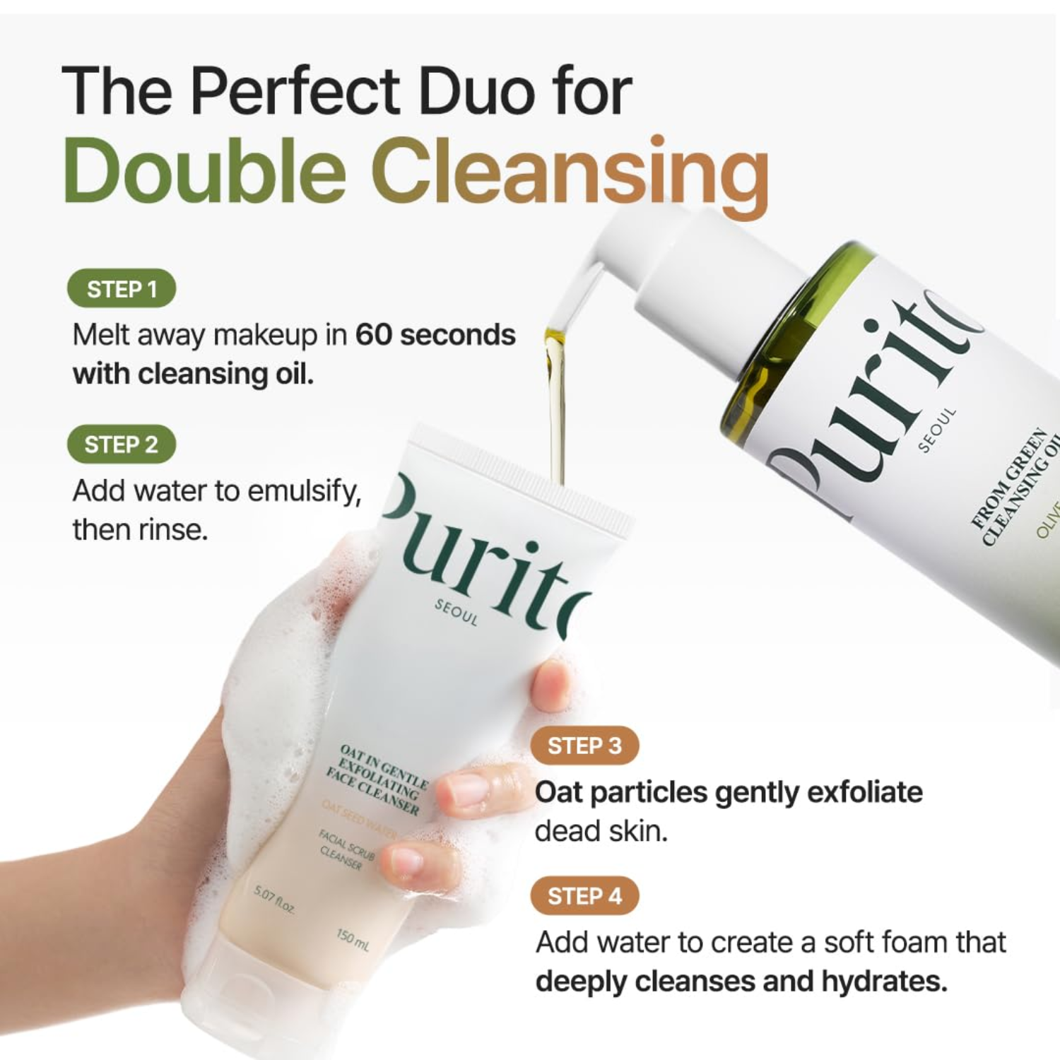 Two skincare products with steps for double cleansing on a white background