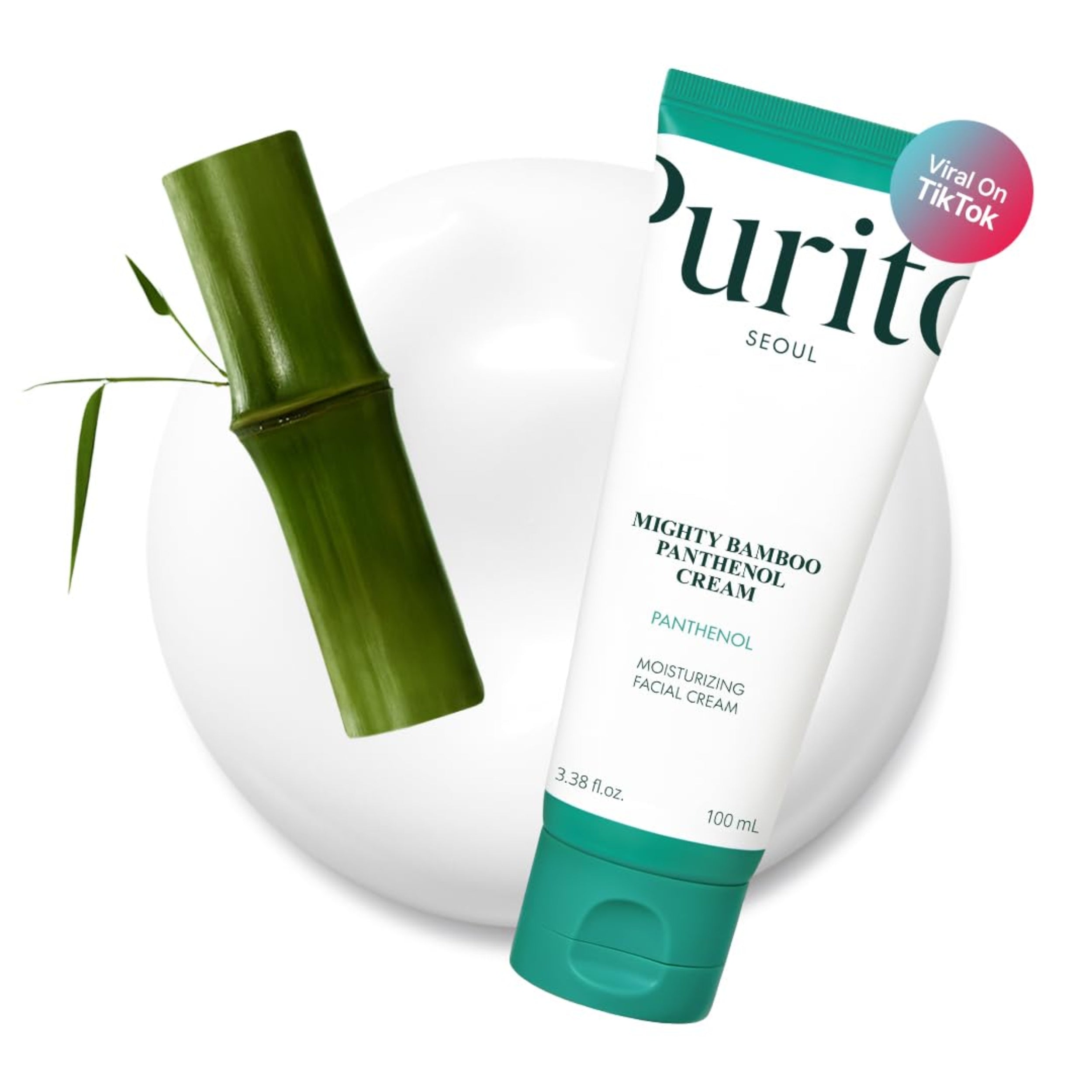 Purito Mighty Bamboo Panthenol Cream with a bamboo stick on a white background