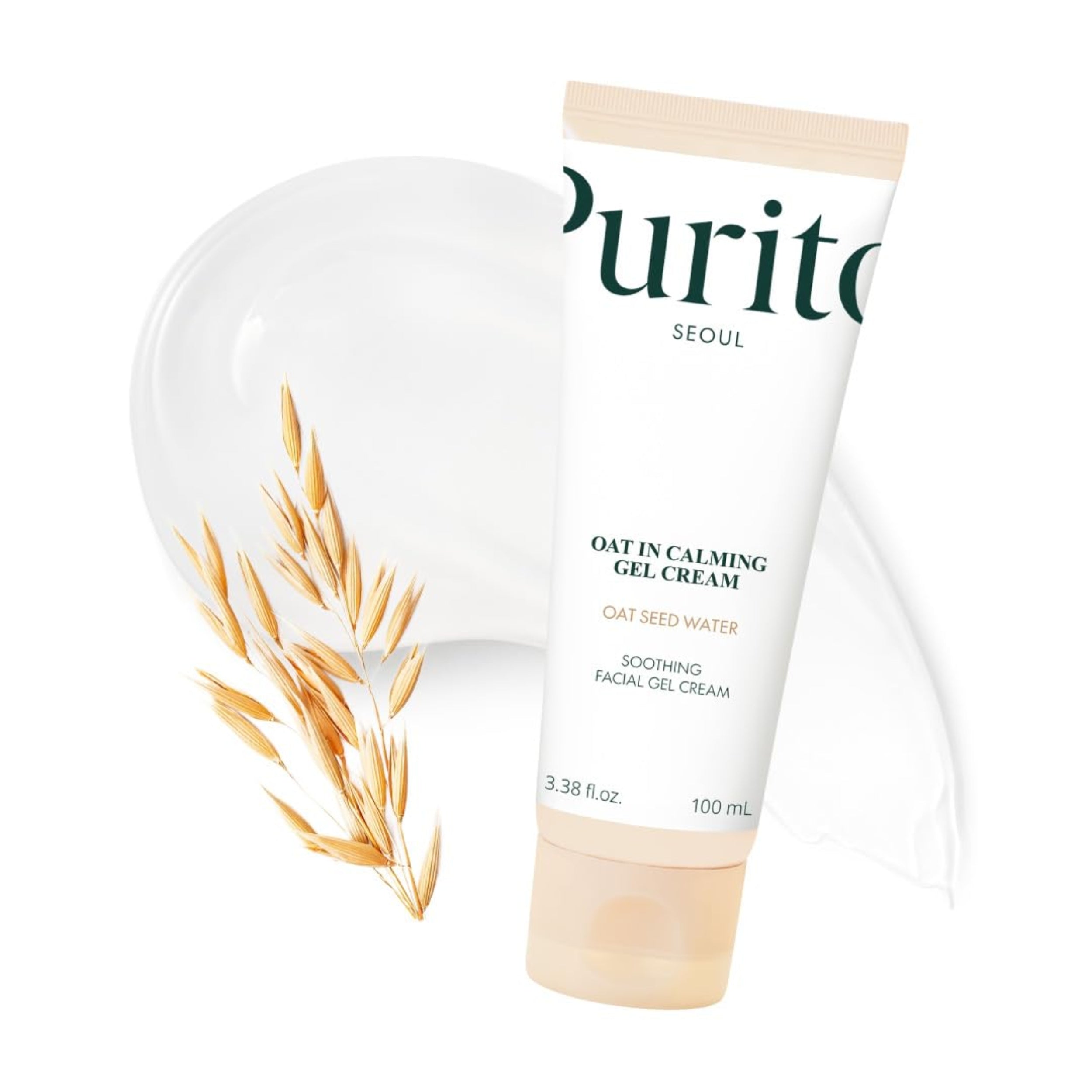 Tube of Purito Seoul Oat In Calming Gel Cream with oat plant illustration on a white background