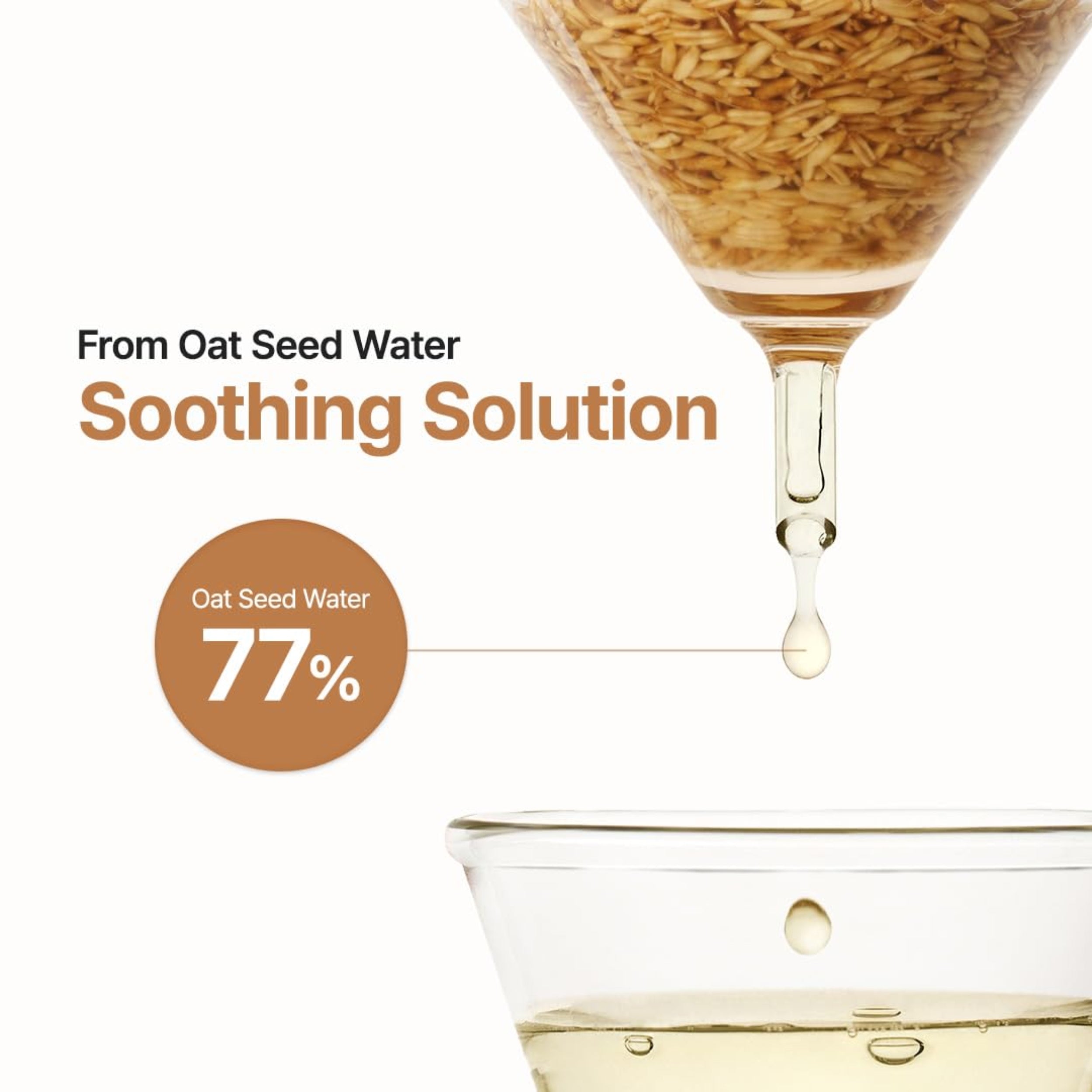 Oat seed water being dripped into a glass with text about its soothing properties.