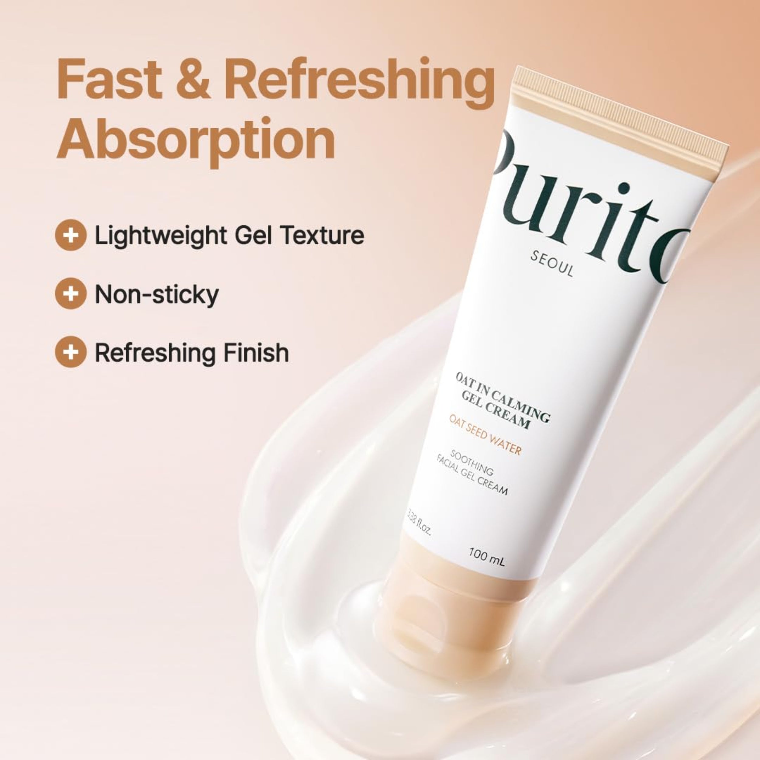 Purito skincare product with text highlighting fast and refreshing absorption on a soft background