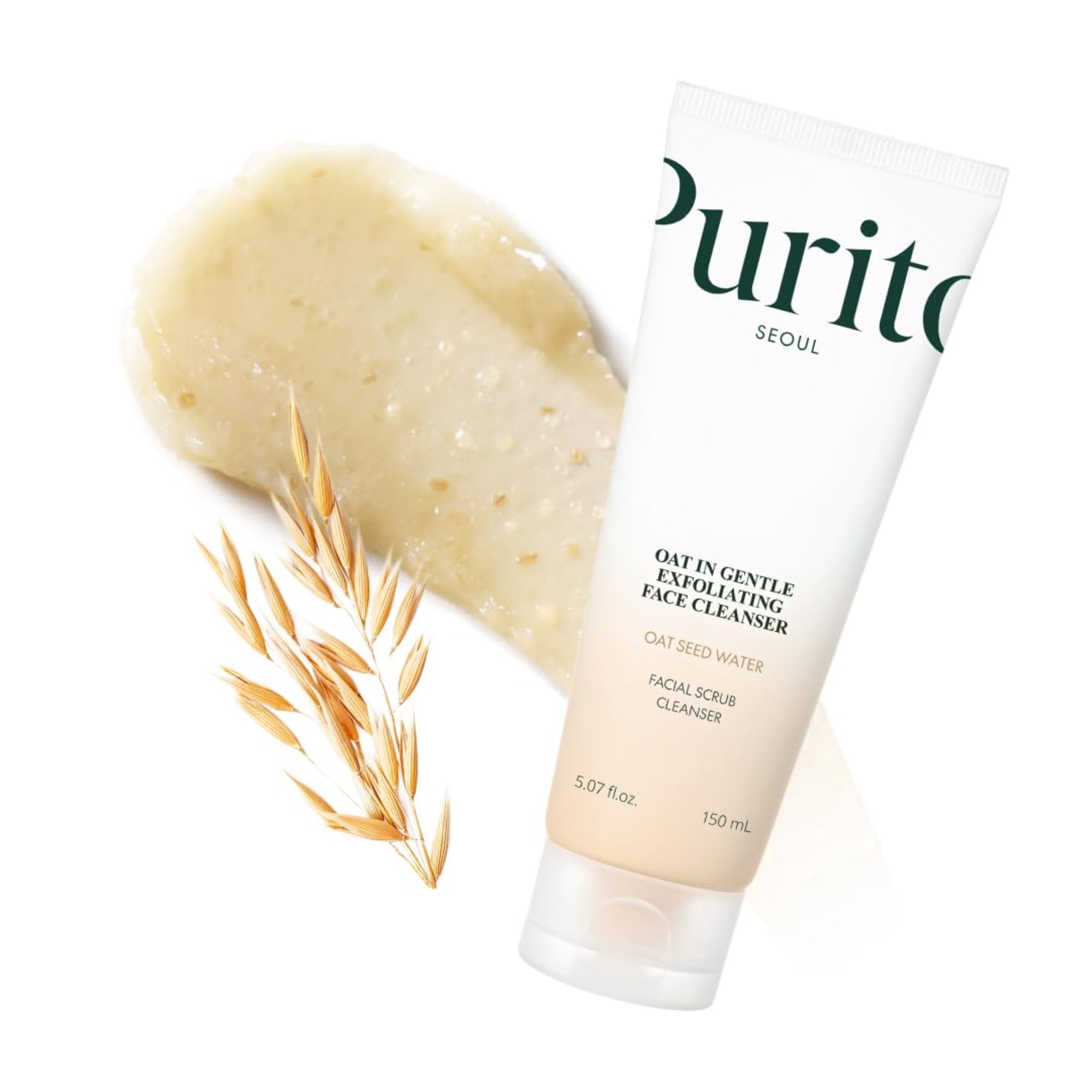 Tube of Purito facial scrub with a scoop of scrub and oats on a white background