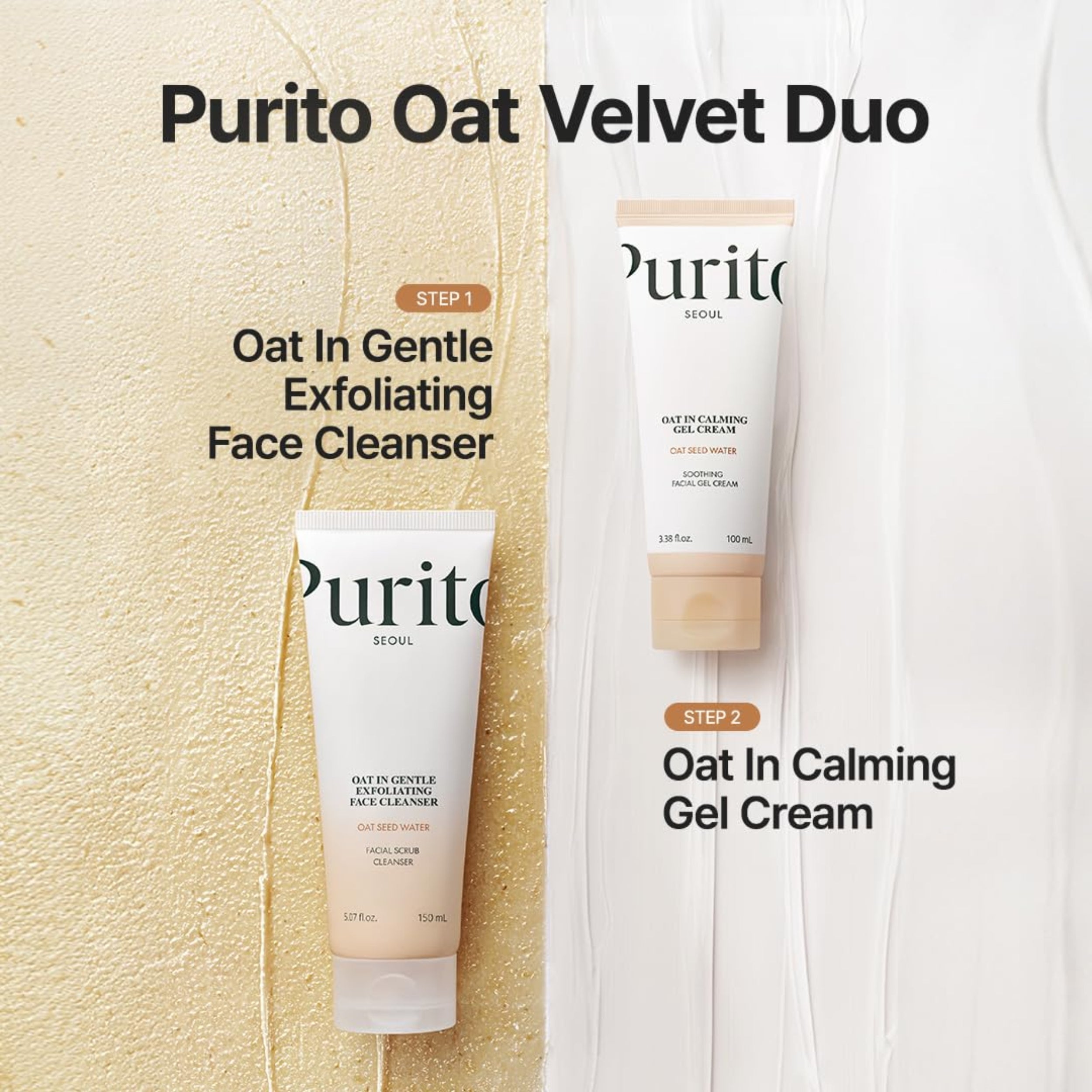 Purito Oat Velvet Duo with two bottles on a textured beige and white background
