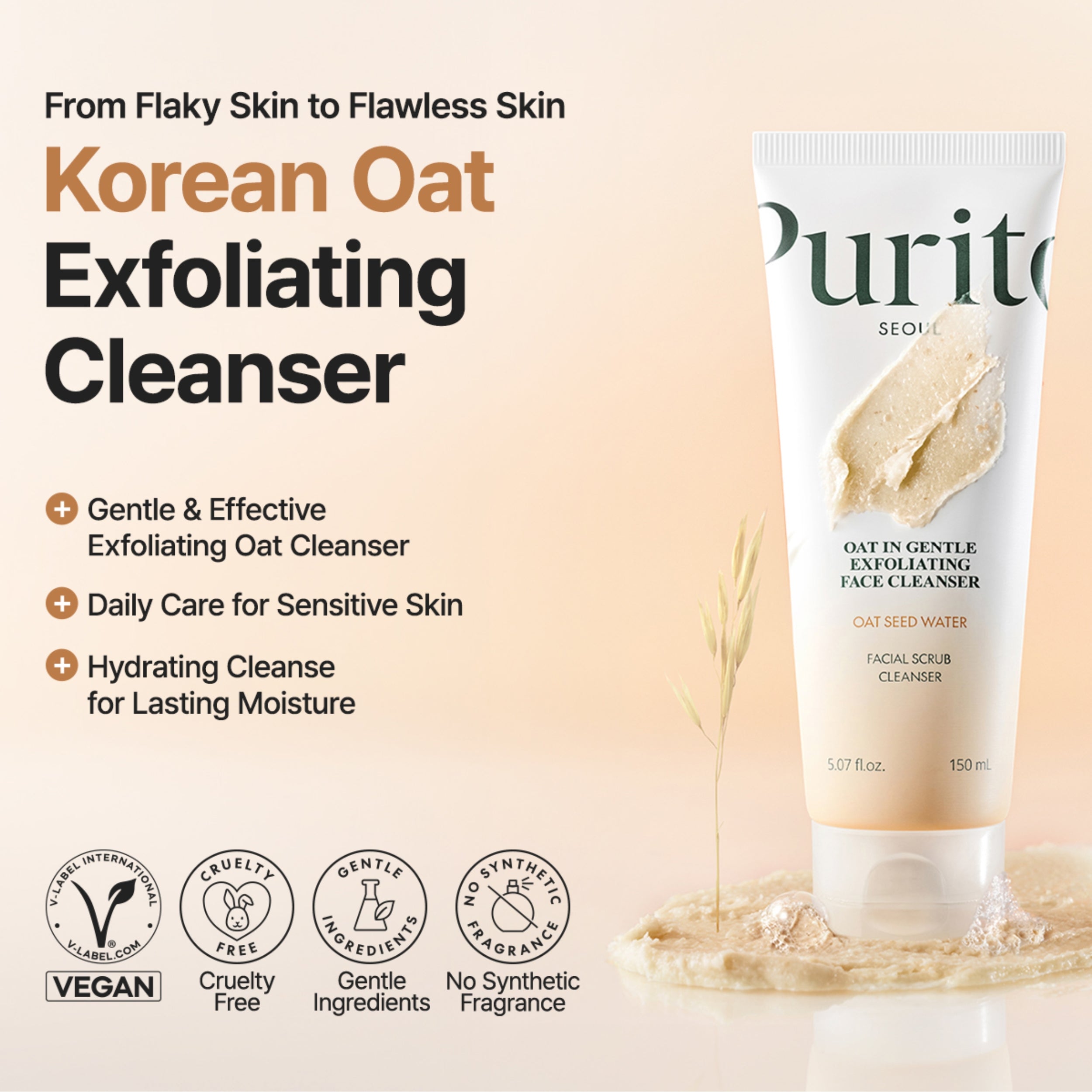 Purito Korean Oat Exfoliating Cleanser tube with product features on a beige background