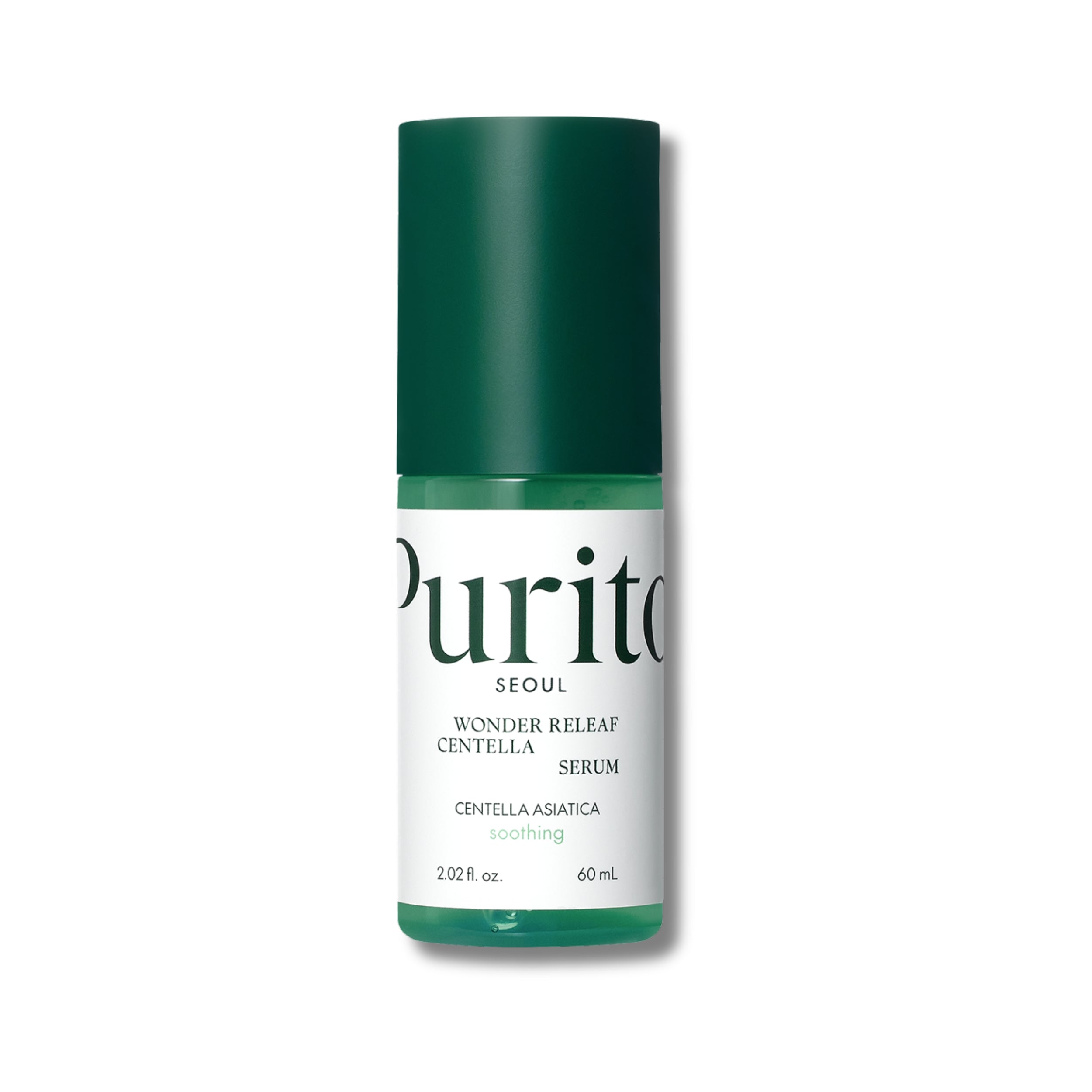 Purito serum bottle with green cap and label on a white background