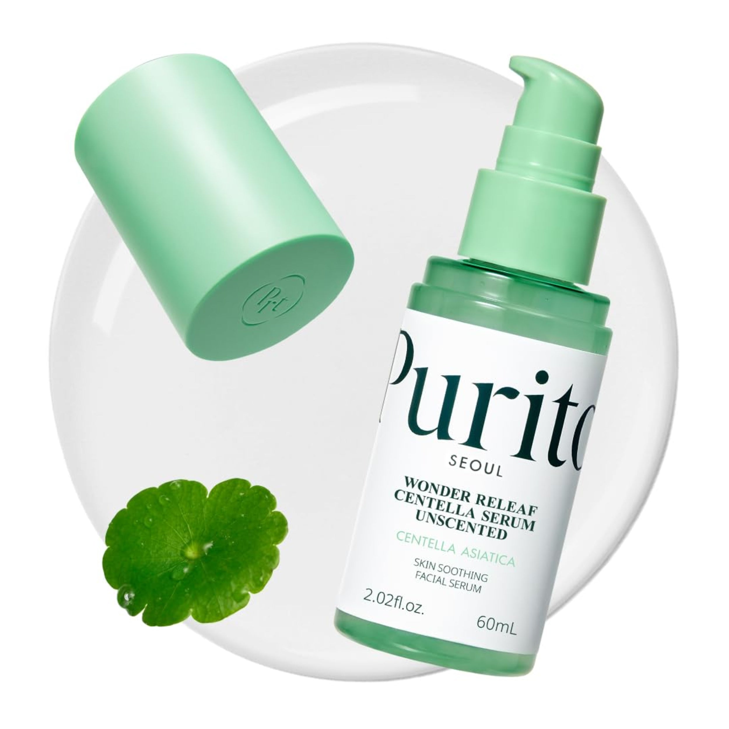 Purito Seoul Wonder Releaf Centella Serum bottle with green cap on a white background