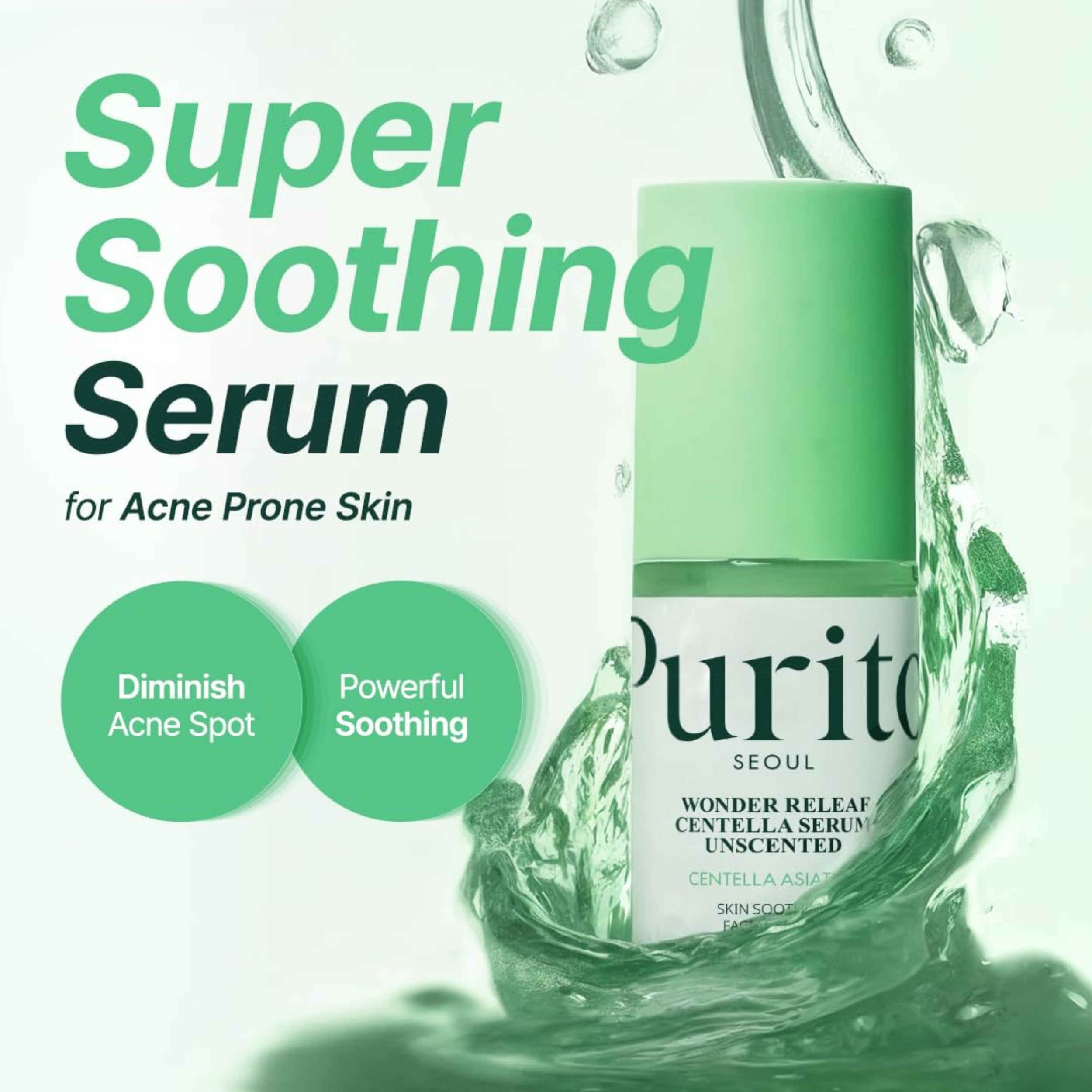 Purito Super Soothing Serum bottle with water droplets on a white background