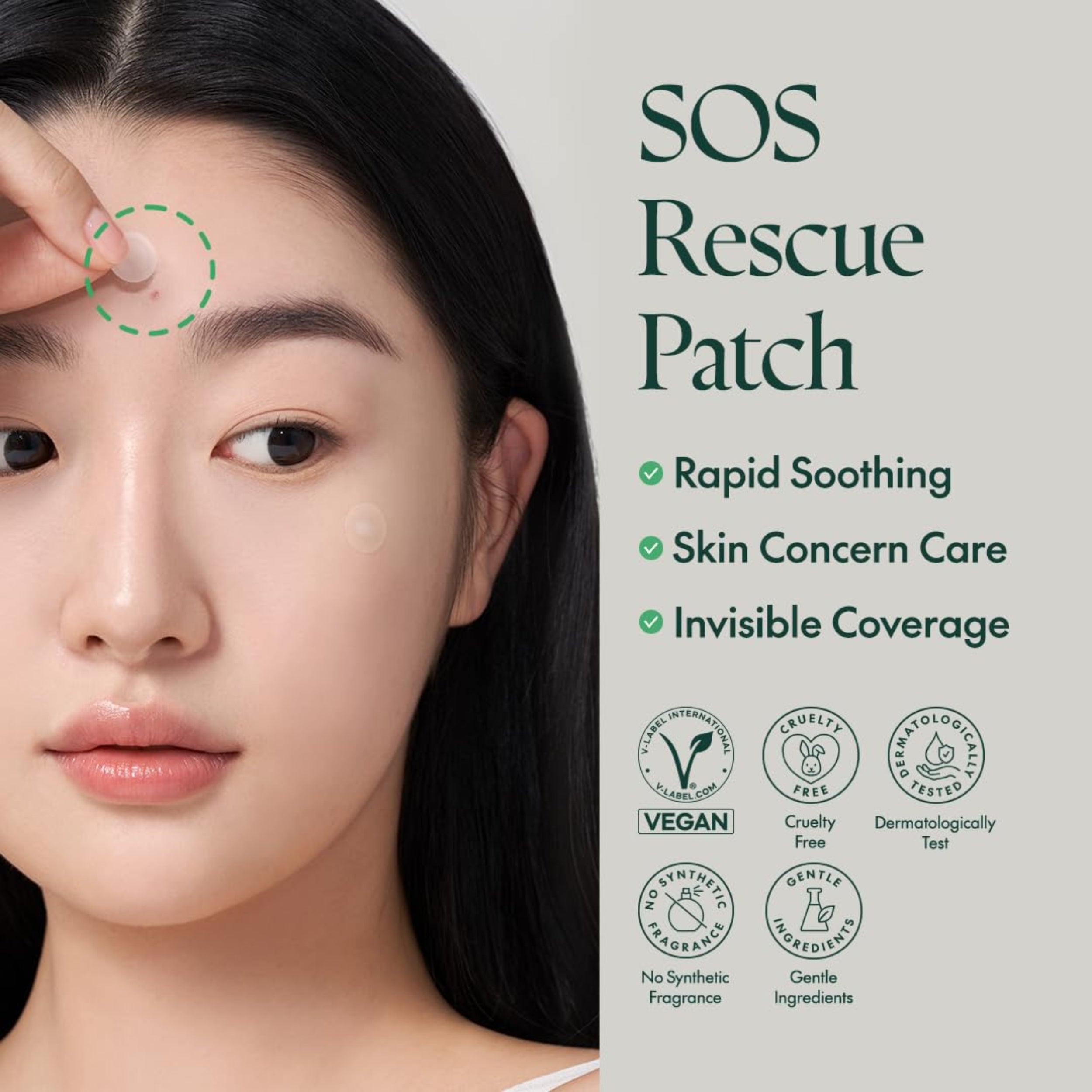 Woman applying SOS Rescue Patch with product details on a light gray background