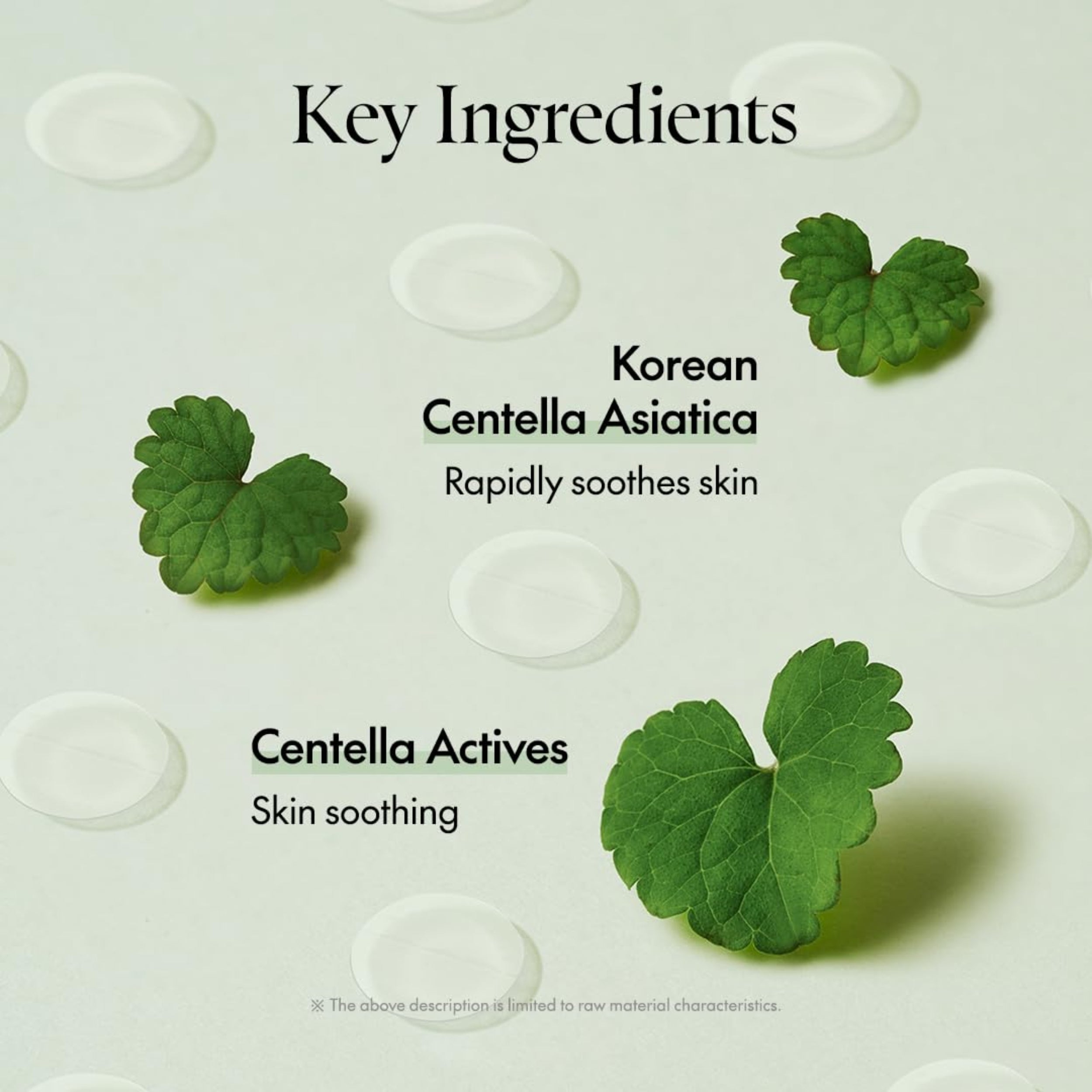 Green leaves with text about Korean Centella Asiatica and Centella Actives on a light background