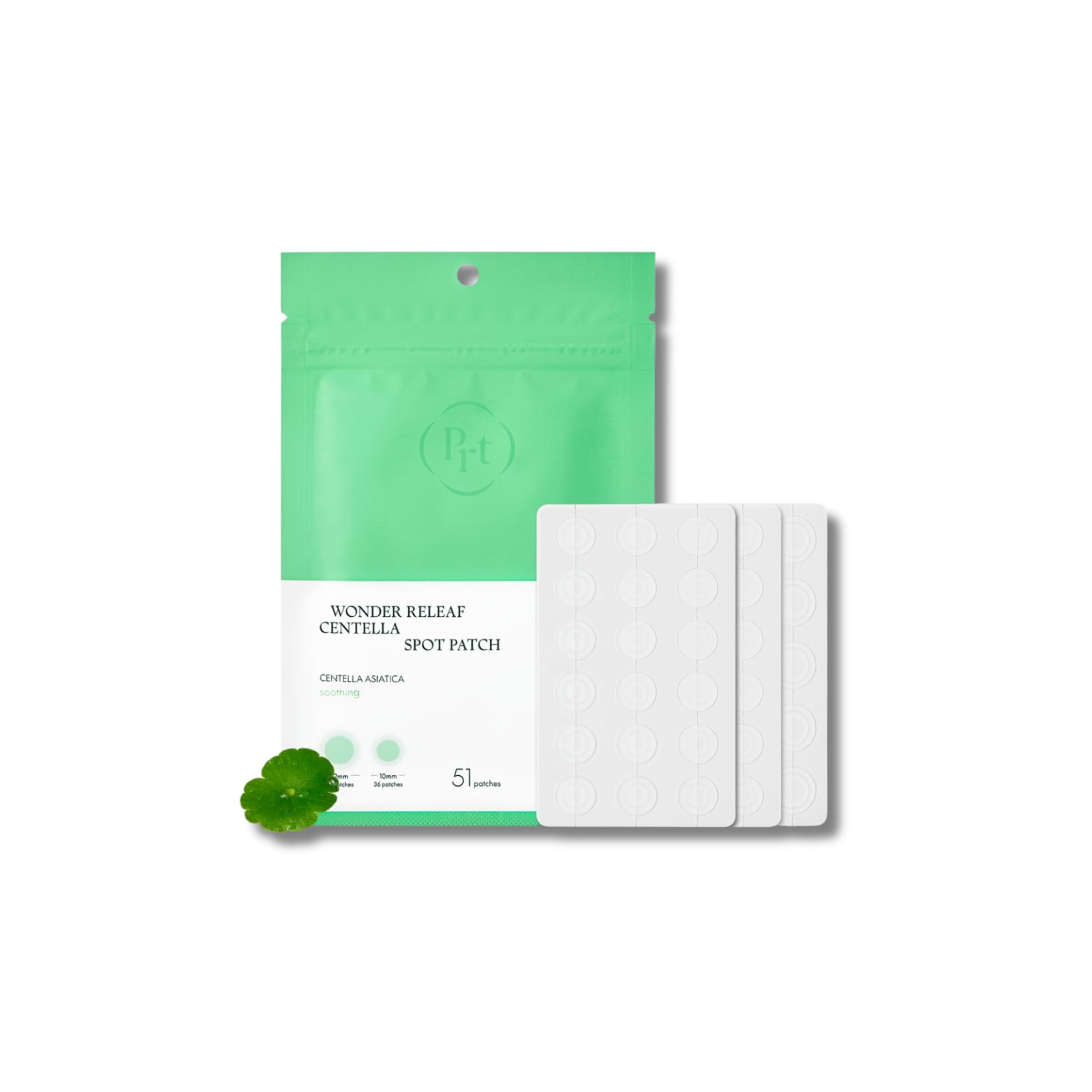 Green and white packaging of Wonder Releaf Centella Spot Patch on a white background