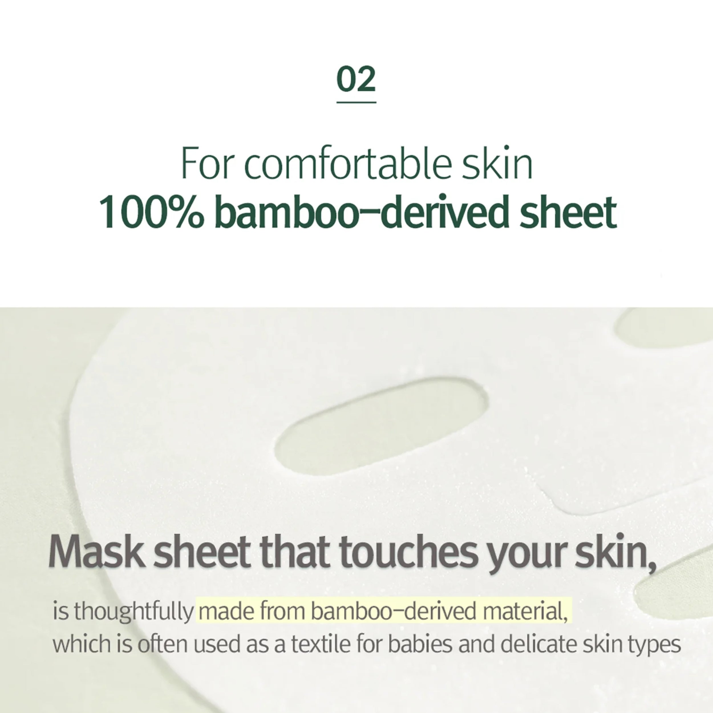 Mask sheet with text about bamboo-derived material on a white background