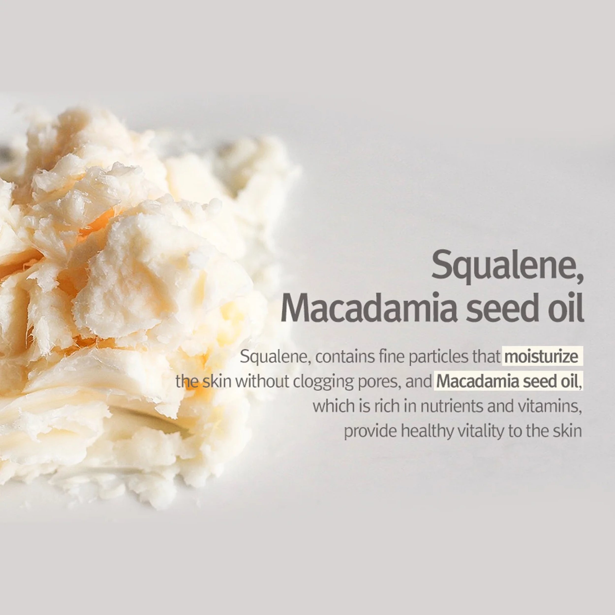Close-up of a skincare product with text about squalene and macadamia seed oil on a light gray background.