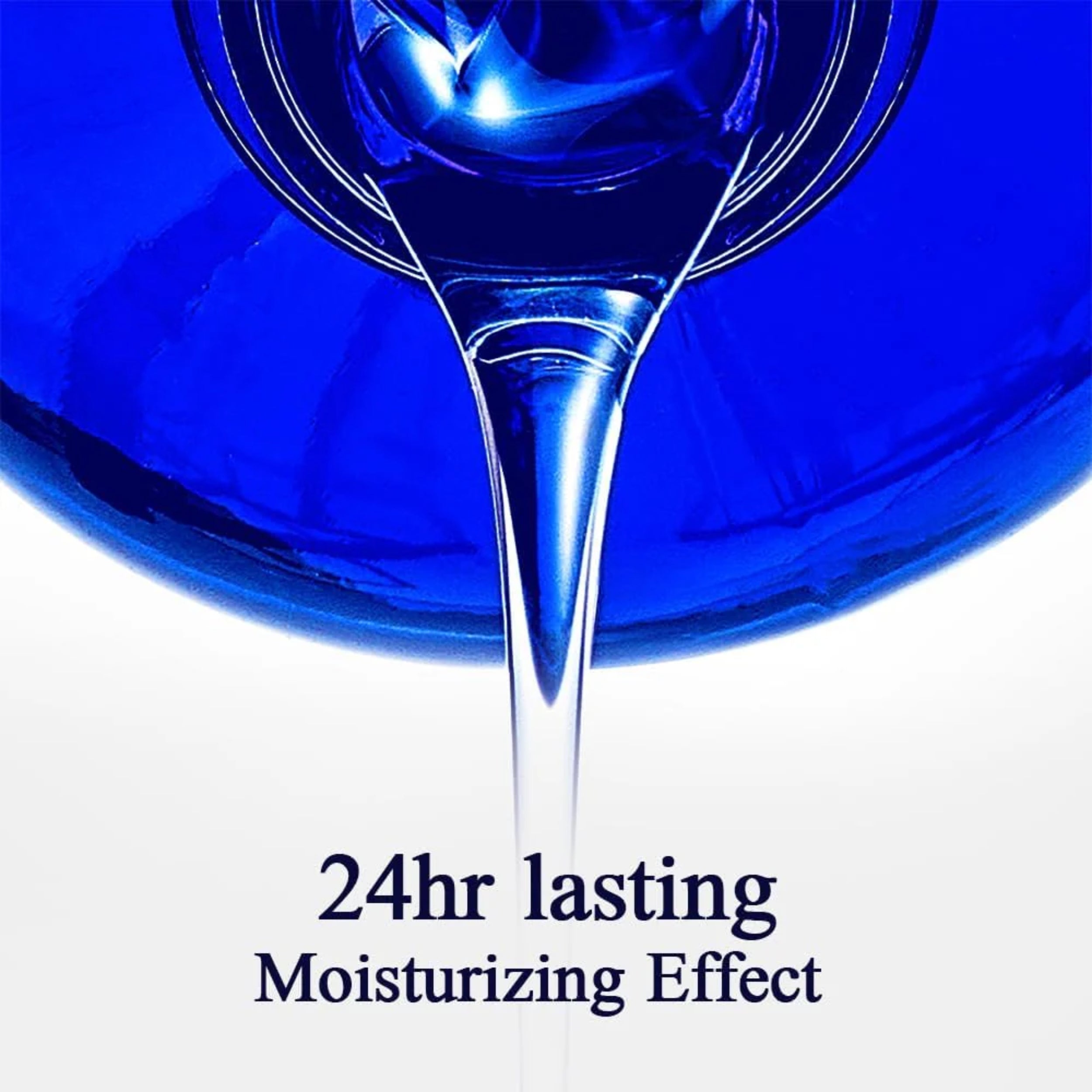 Blue liquid being poured with '24hr lasting Moisturizing Effect' text on a white background