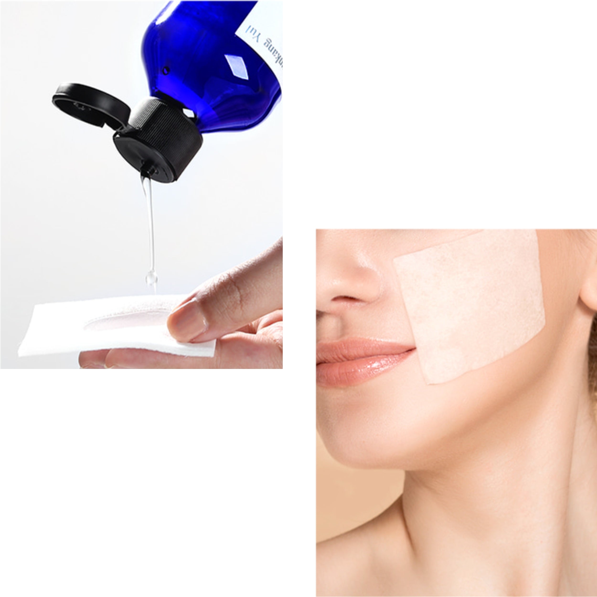 Blue bottle with black cap dispensing liquid onto a white wipe, next to a close-up of a person applying the liquid to their face.