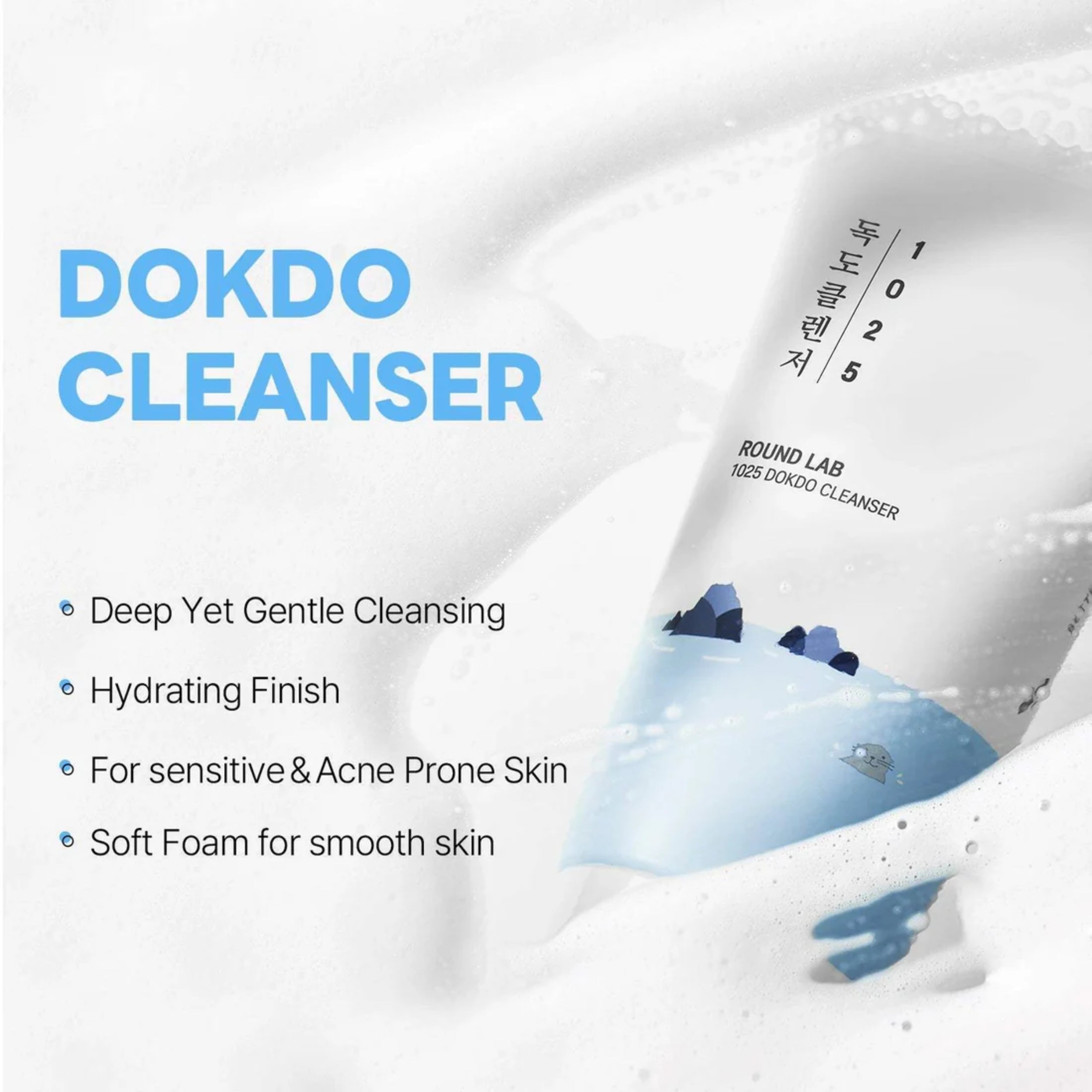 DOKDO CLEANSER packaging with product features listed on a white background