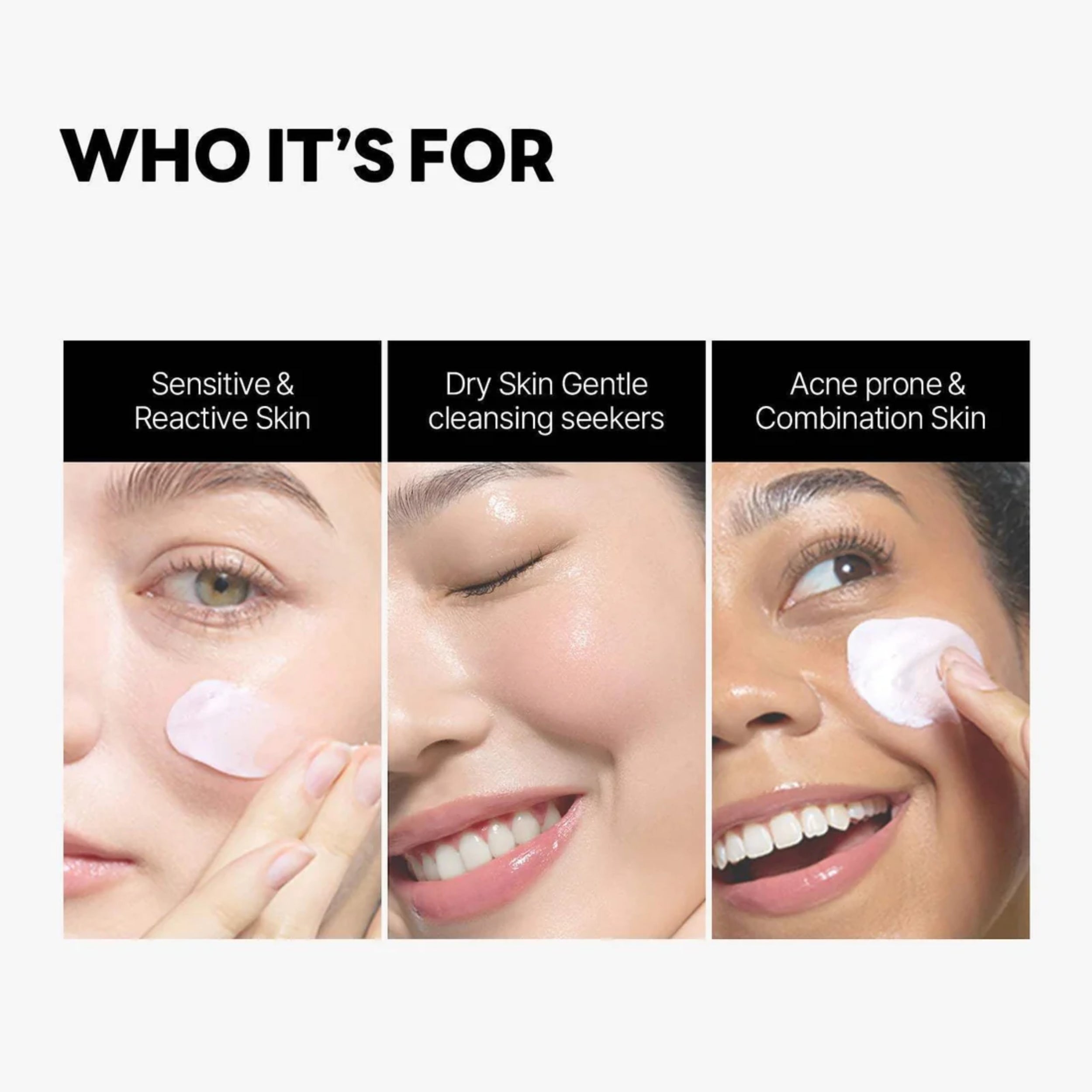 Three women with different skin types applying a product to their faces, with text indicating the product's suitability for various skin conditions.