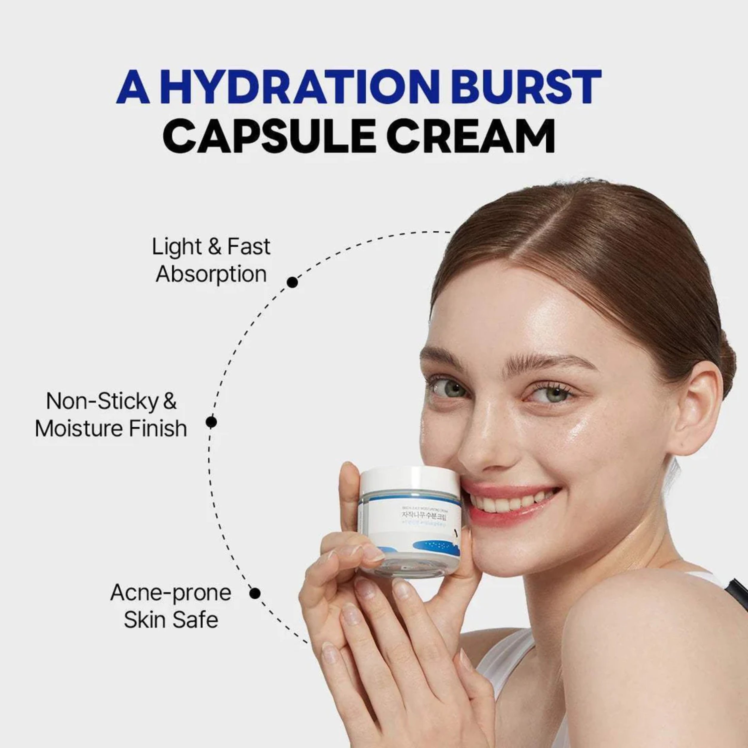Woman holding a jar of hydration burst capsule cream with product features listed.