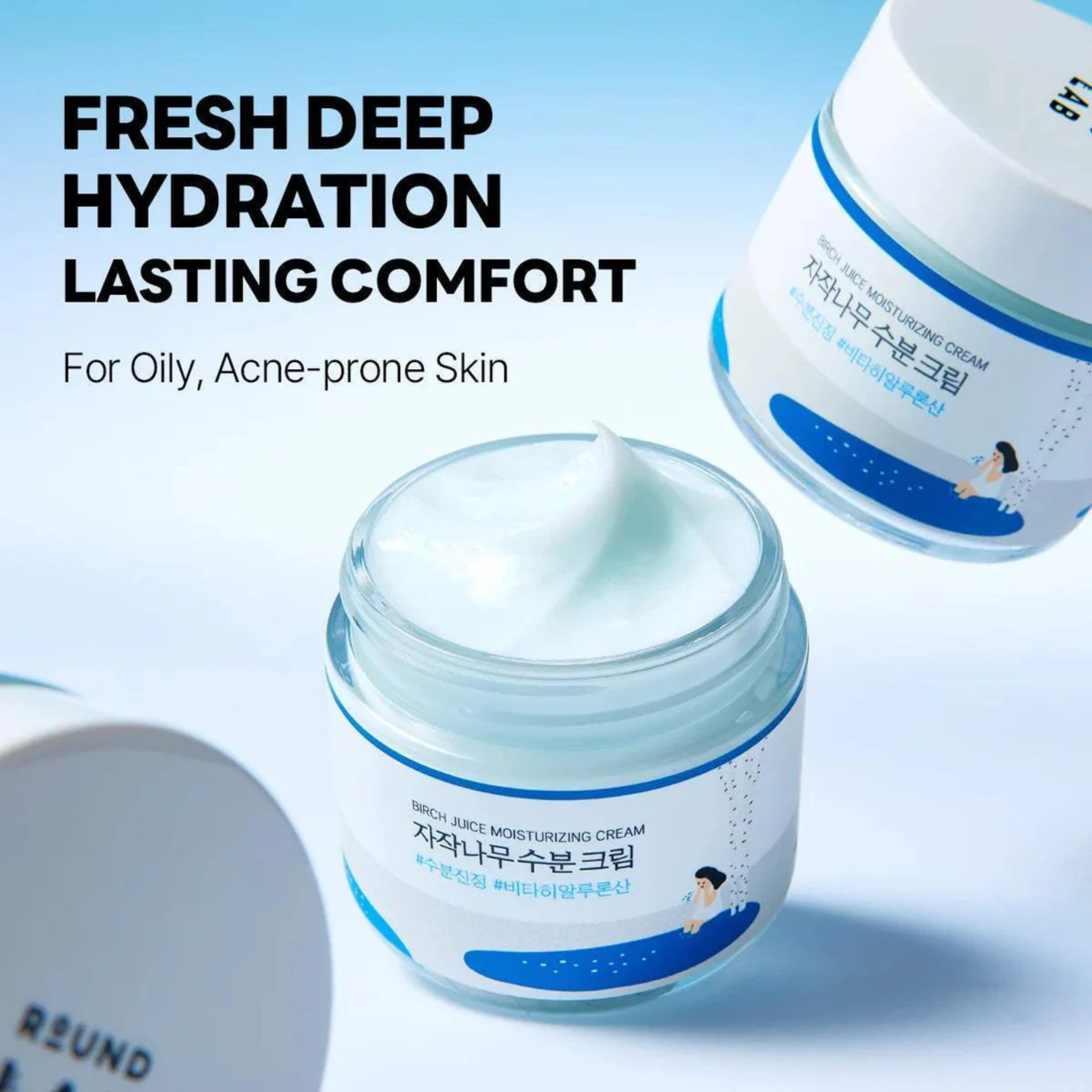 Jar of moisturizing cream with text highlighting hydration and comfort for oily, acne-prone skin.