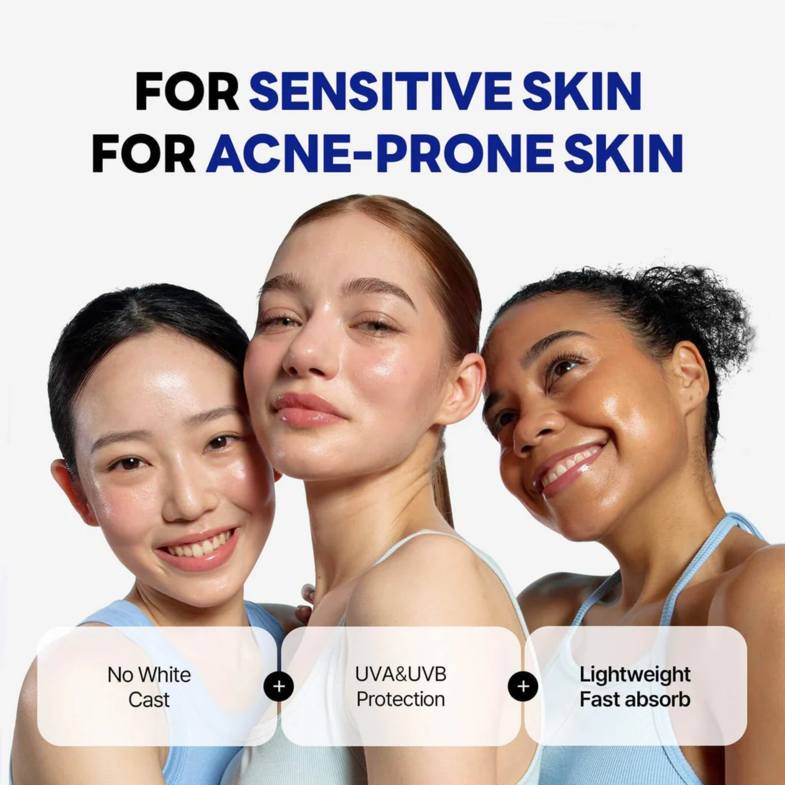 Three women with different skin tones and expressions, promoting skincare products for sensitive and acne-prone skin.